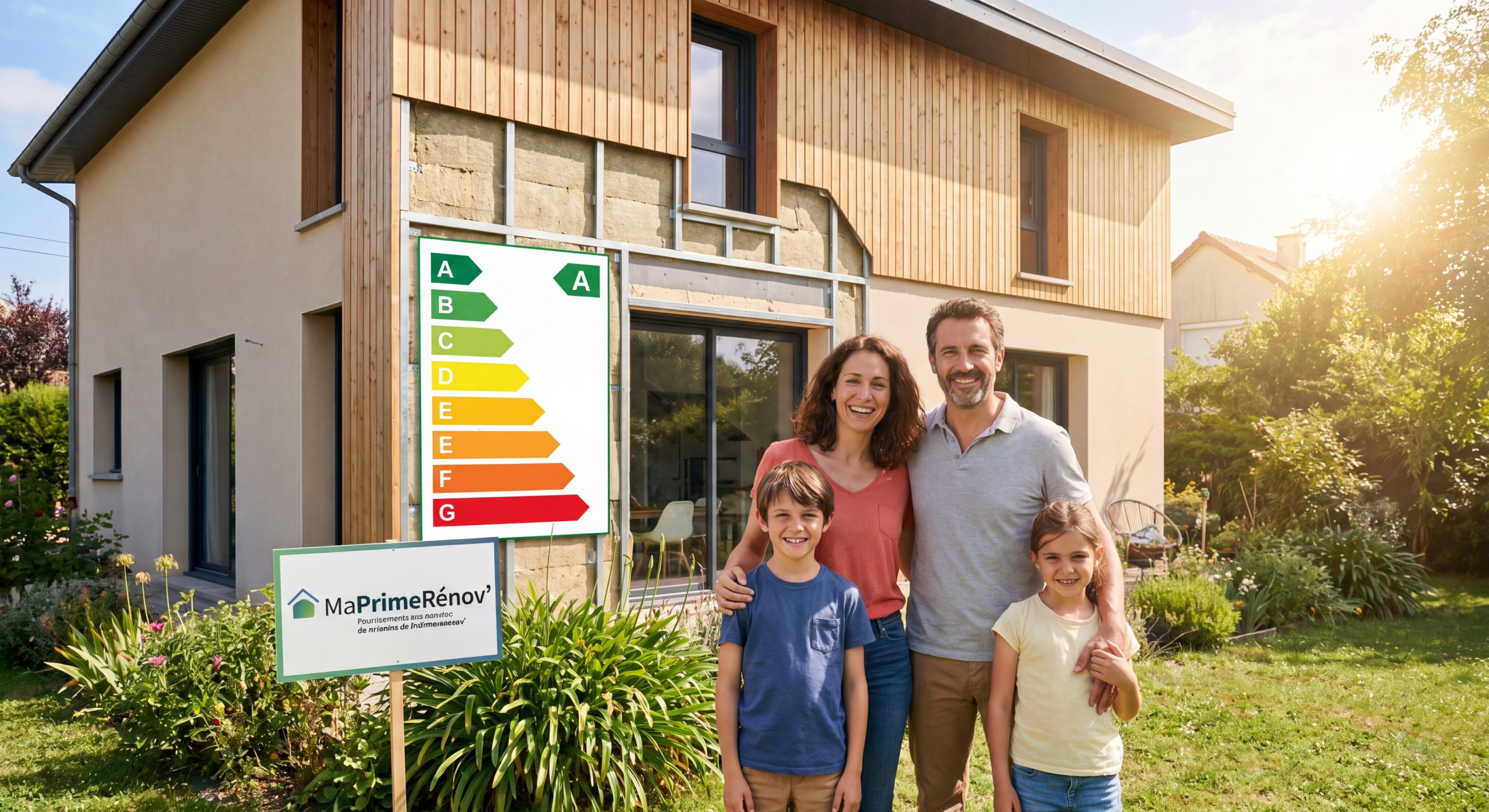 Famille heureuse devant maison rénovée DPE A B MaPrimeRénov travaux rénovation énergétique