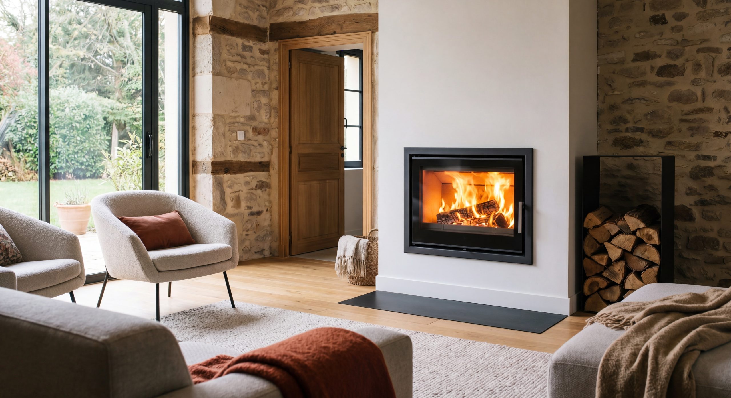 Poêle à bois moderne design salon maison insert contemporain fonte feu allumé TravauxOptim 2026
