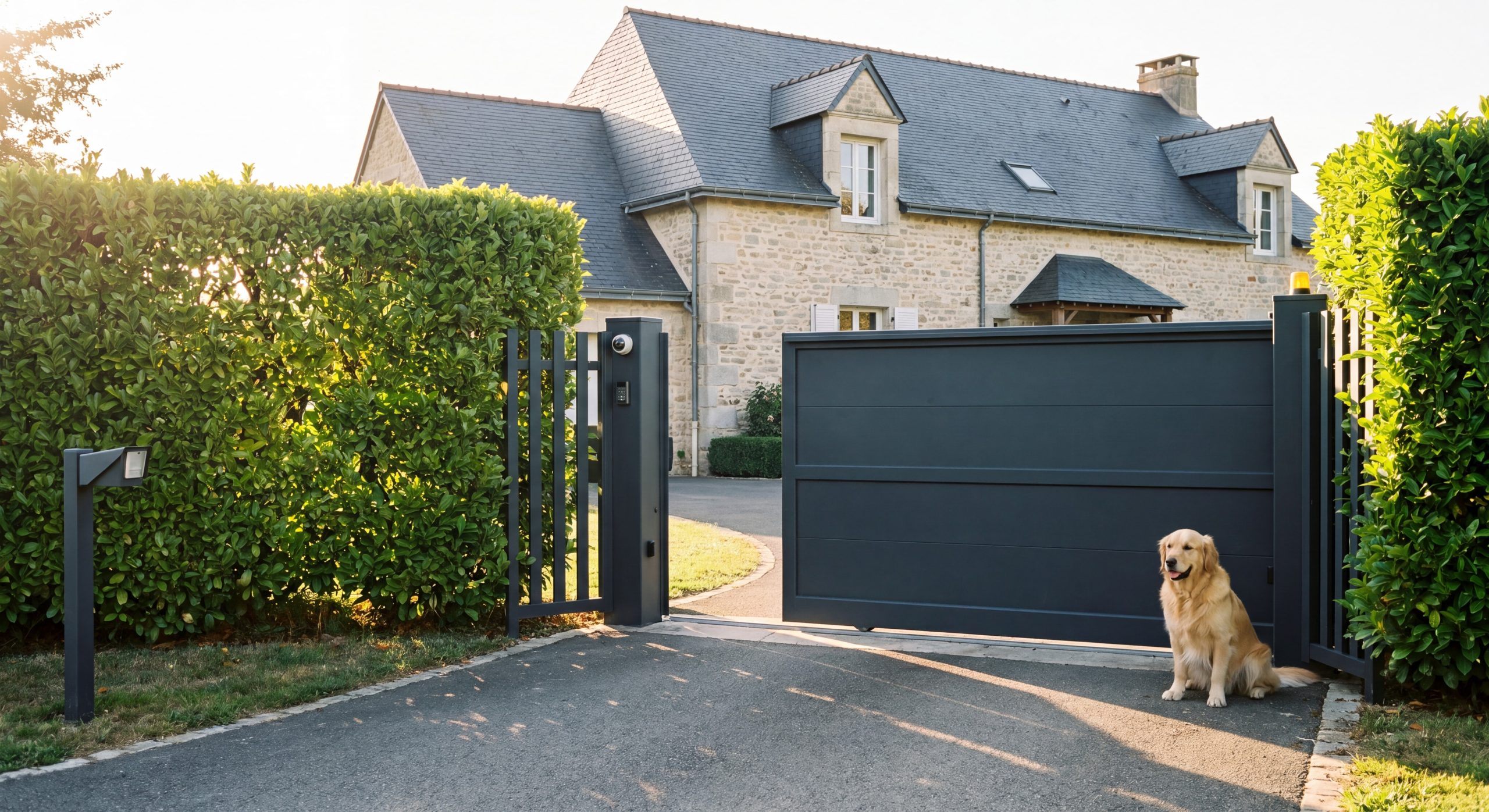 Clôture aluminium anthracite portail motorisé maison française haie taillée 2026