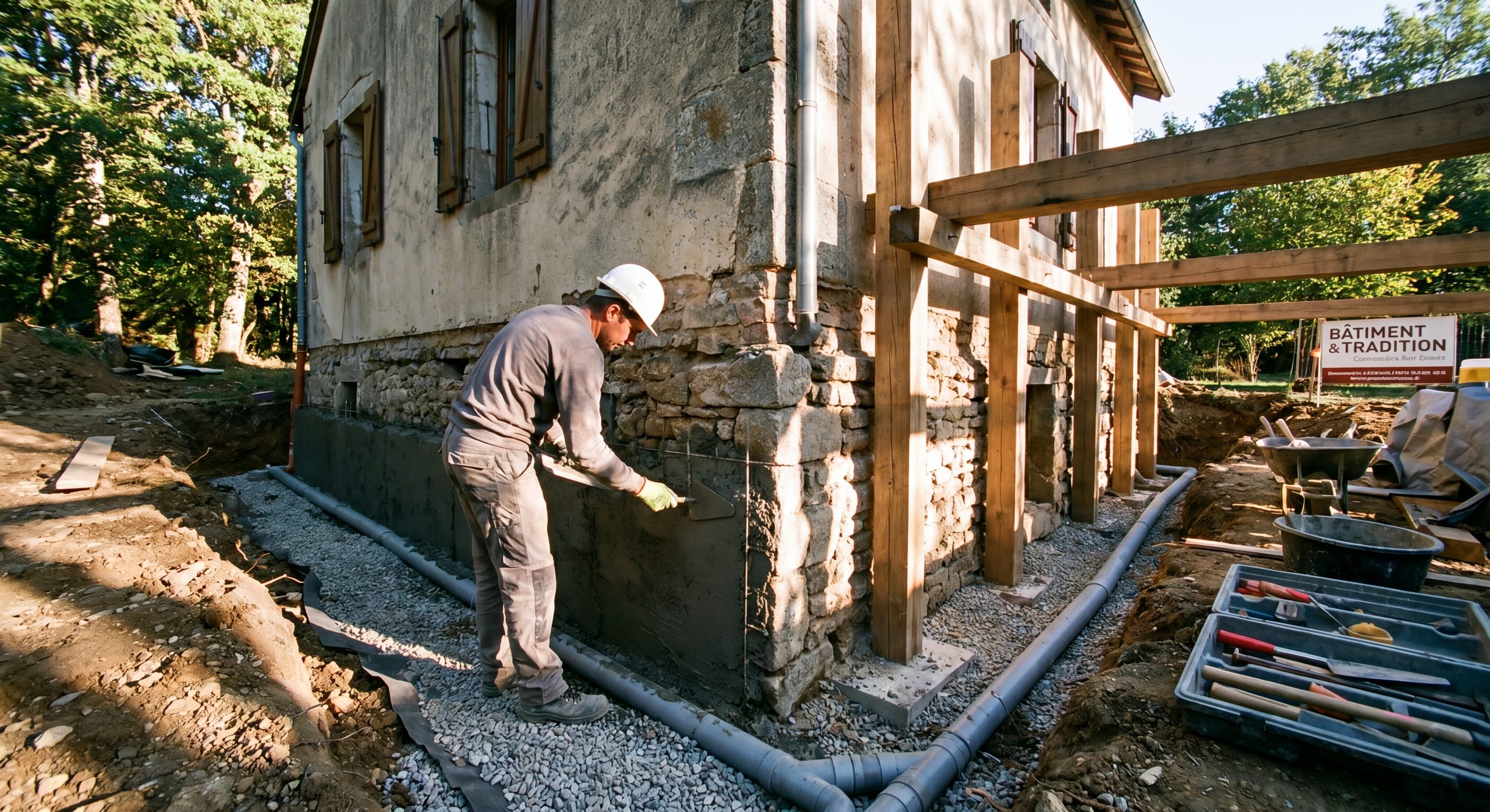 Reprise fondations maçonnerie 2026 Maçon professionnel reprise fondations confortement drainage maison française 2026