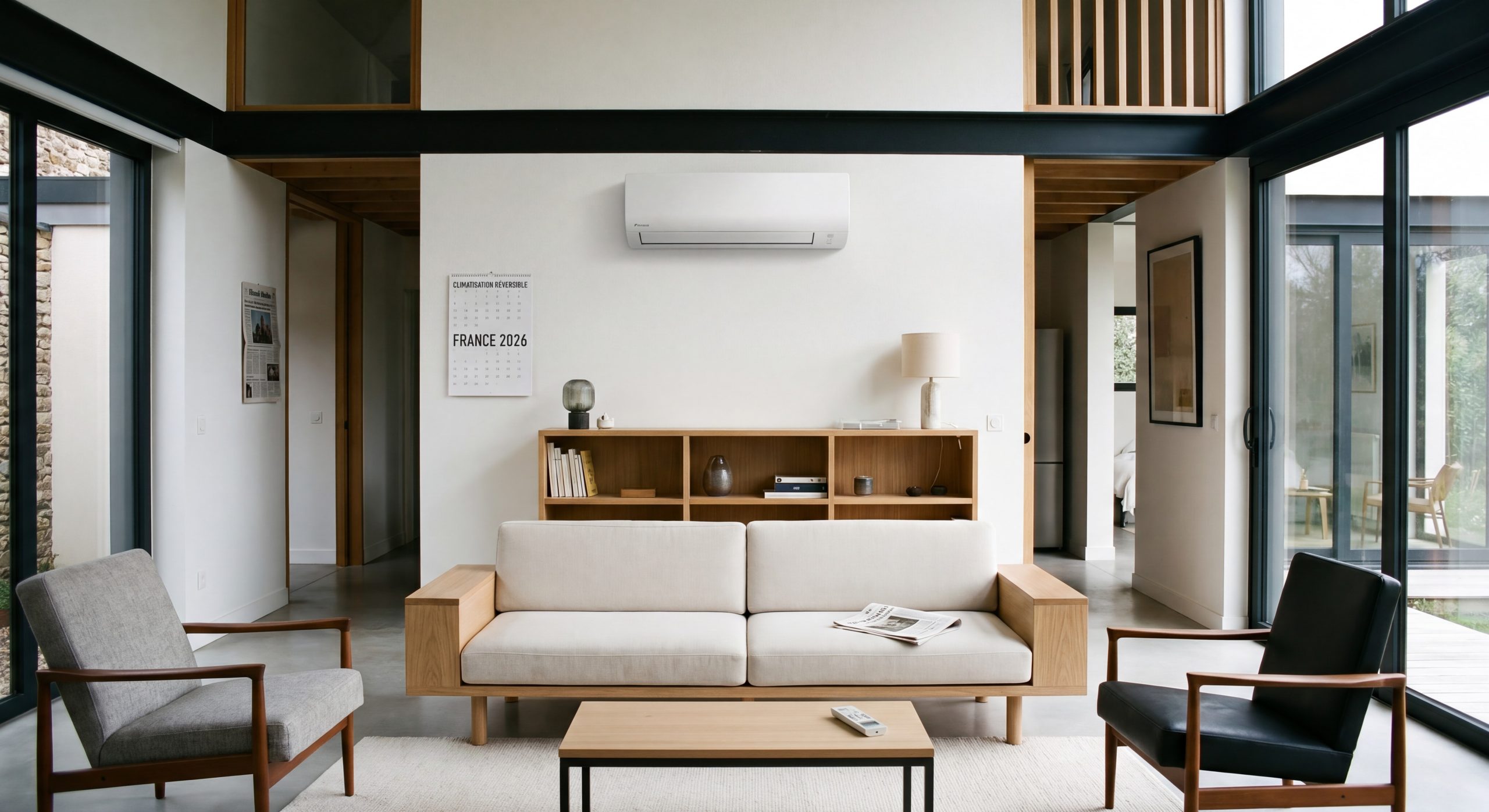 Climatisation réversible PAC air-air unité intérieure murale salon moderne télécommande TravauxOptim 2026