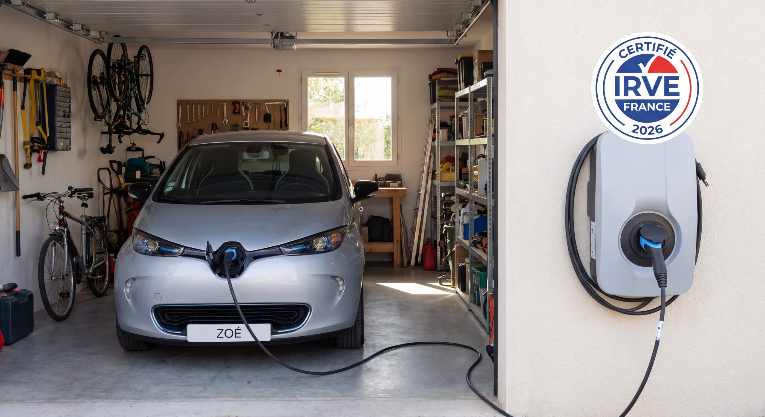 Borne recharge véhicule électrique IRVE installée garage maison individuelle TravauxOptim 2026