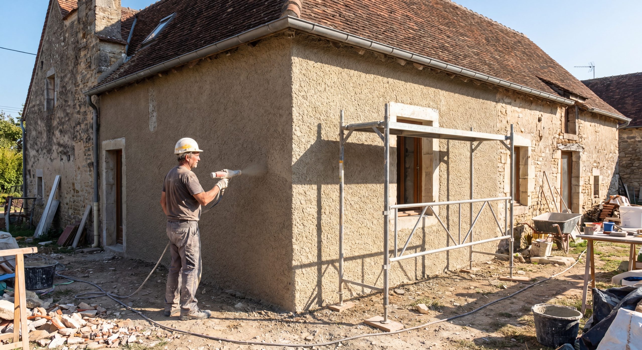 Maçon appliquant crépi grainé tyrolienne façade maison française 2026