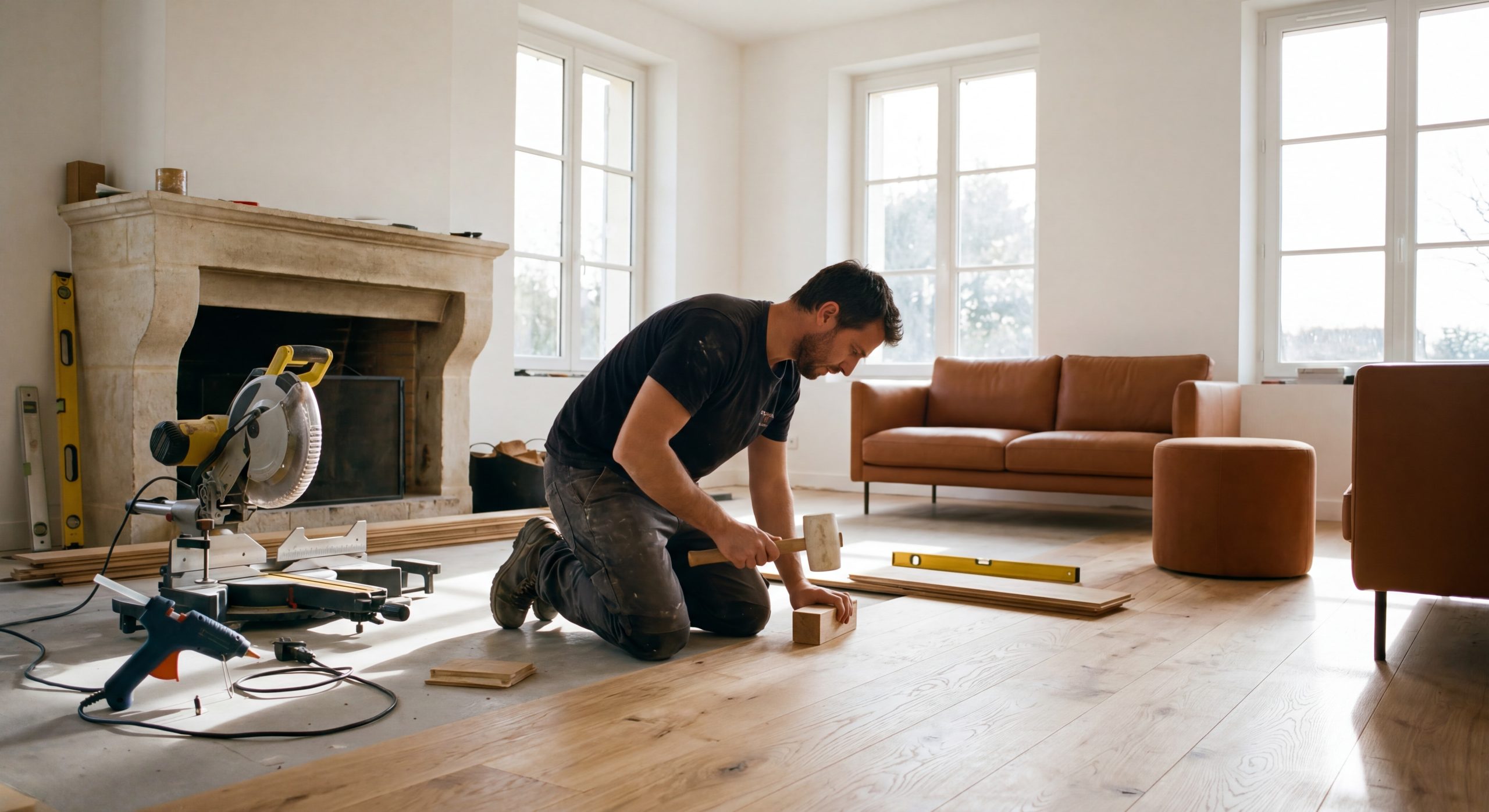 Pose parquet bois massif chêne naturel salon maison française artisan 2026