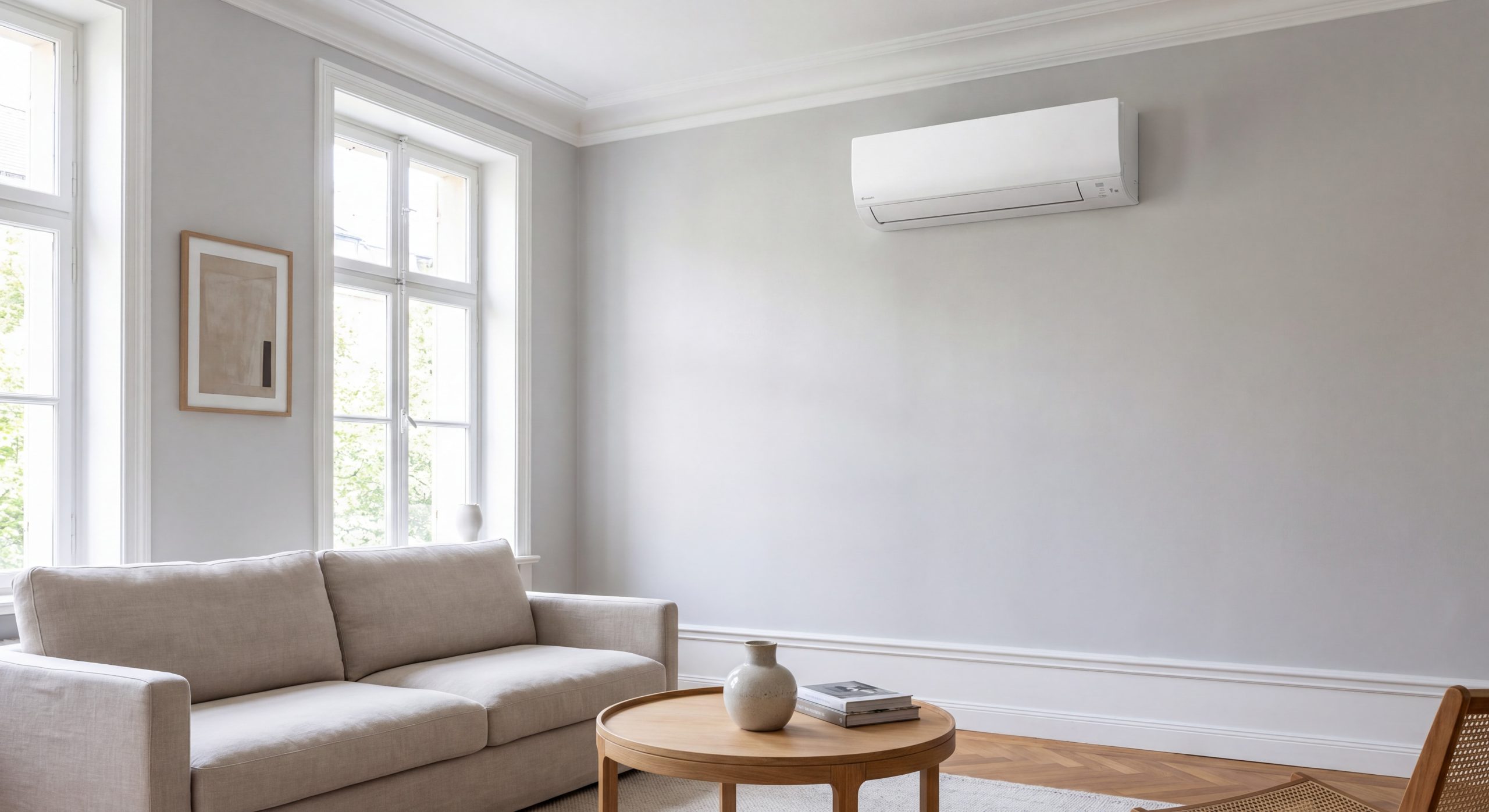 Climatisation monosplit installée dans un salon moderne et lumineux