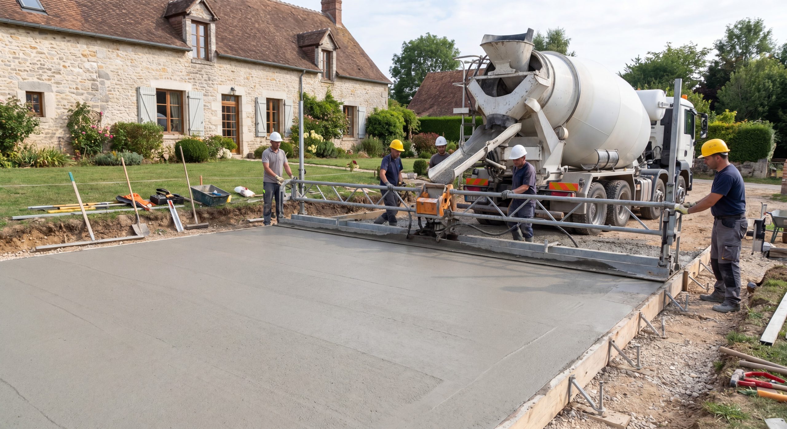 Dalle béton coulage professionnel 2026 Coulage dalle béton garage terrasse maison française ouvriers professionnels 2026