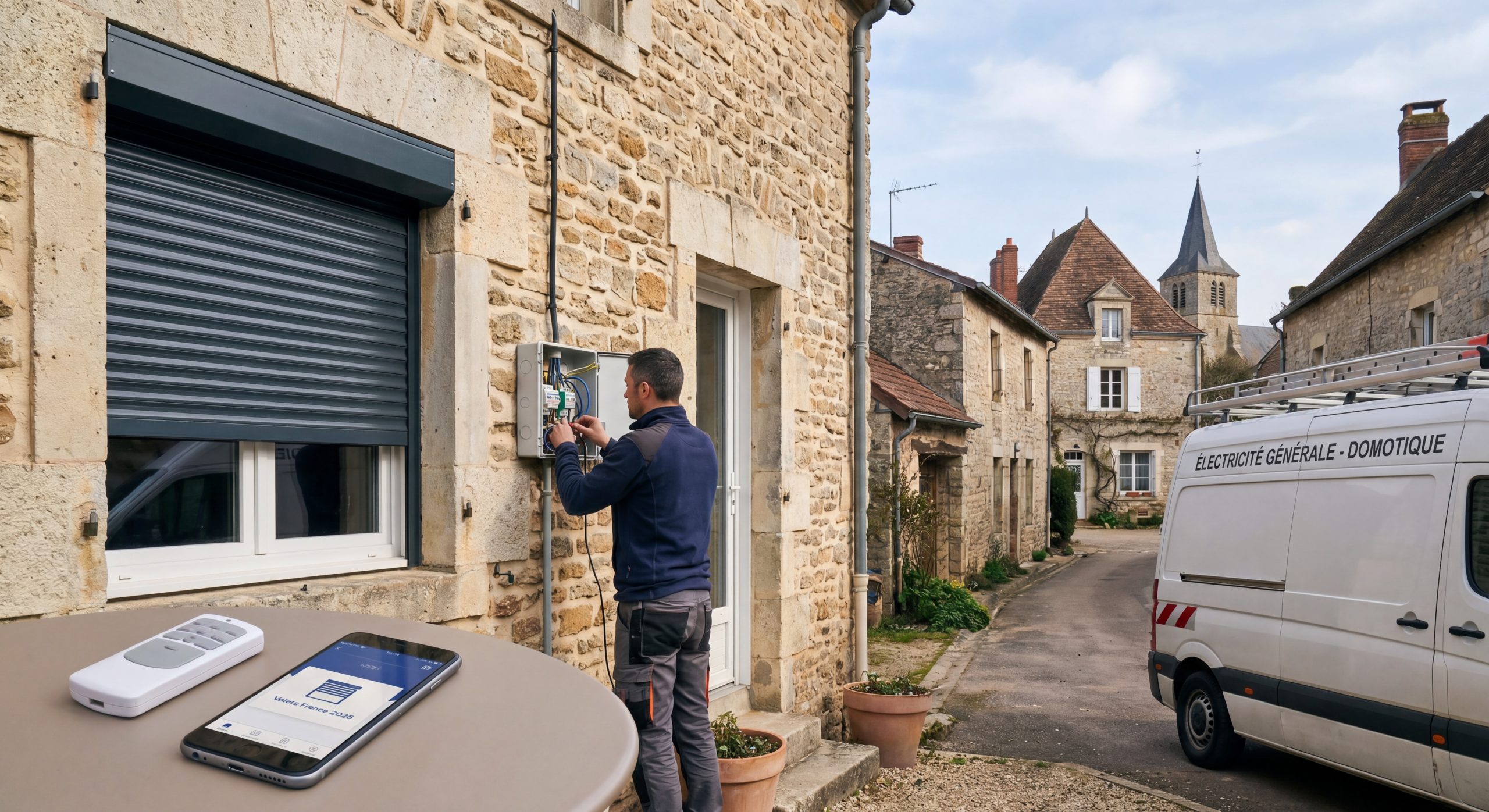 Volets roulants motorisés installés fenêtres maison télécommande domotique TravauxOptim 2026