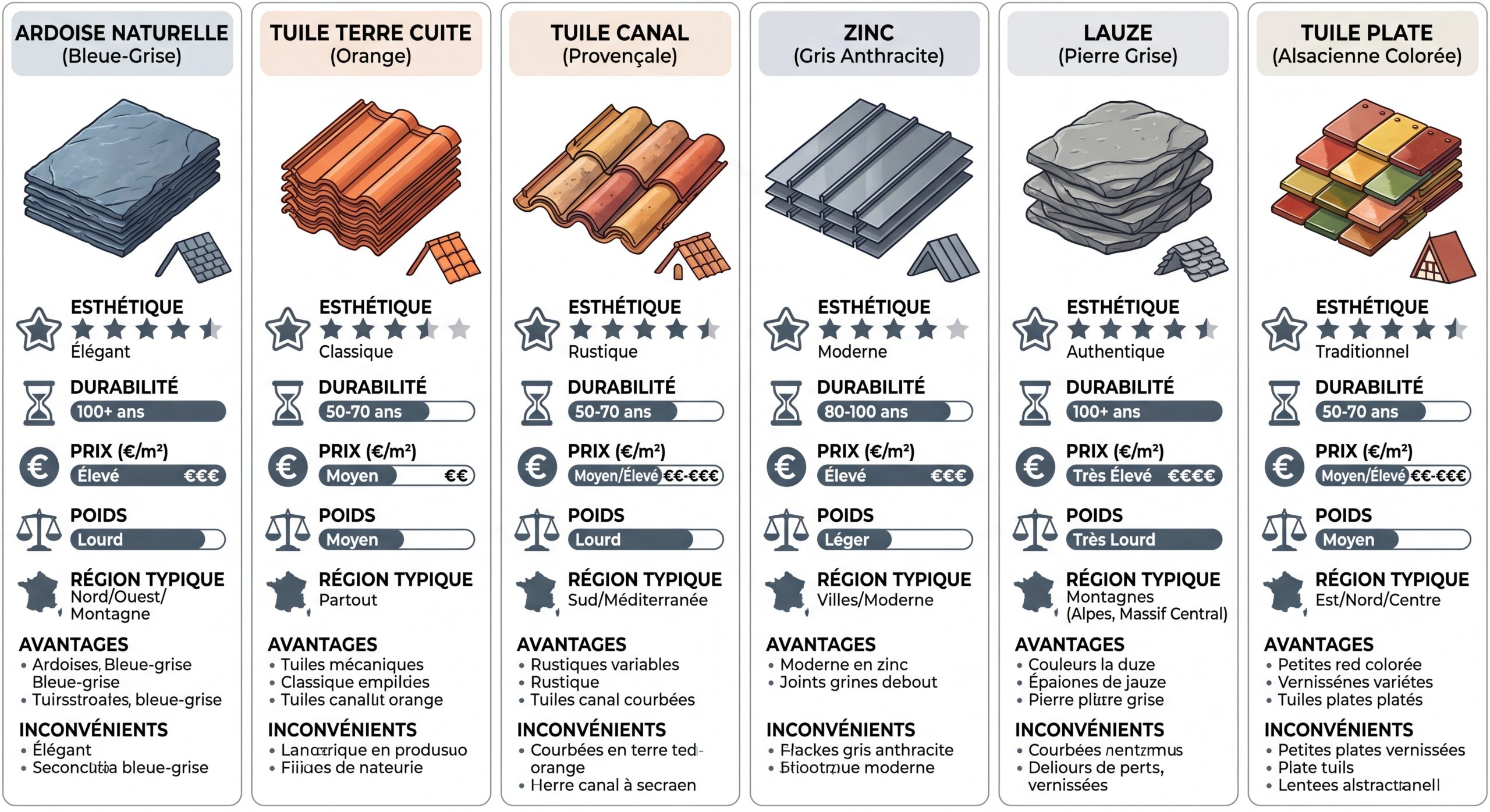 Comparatif matériaux couverture toiture ardoise tuile zinc lauze 2026