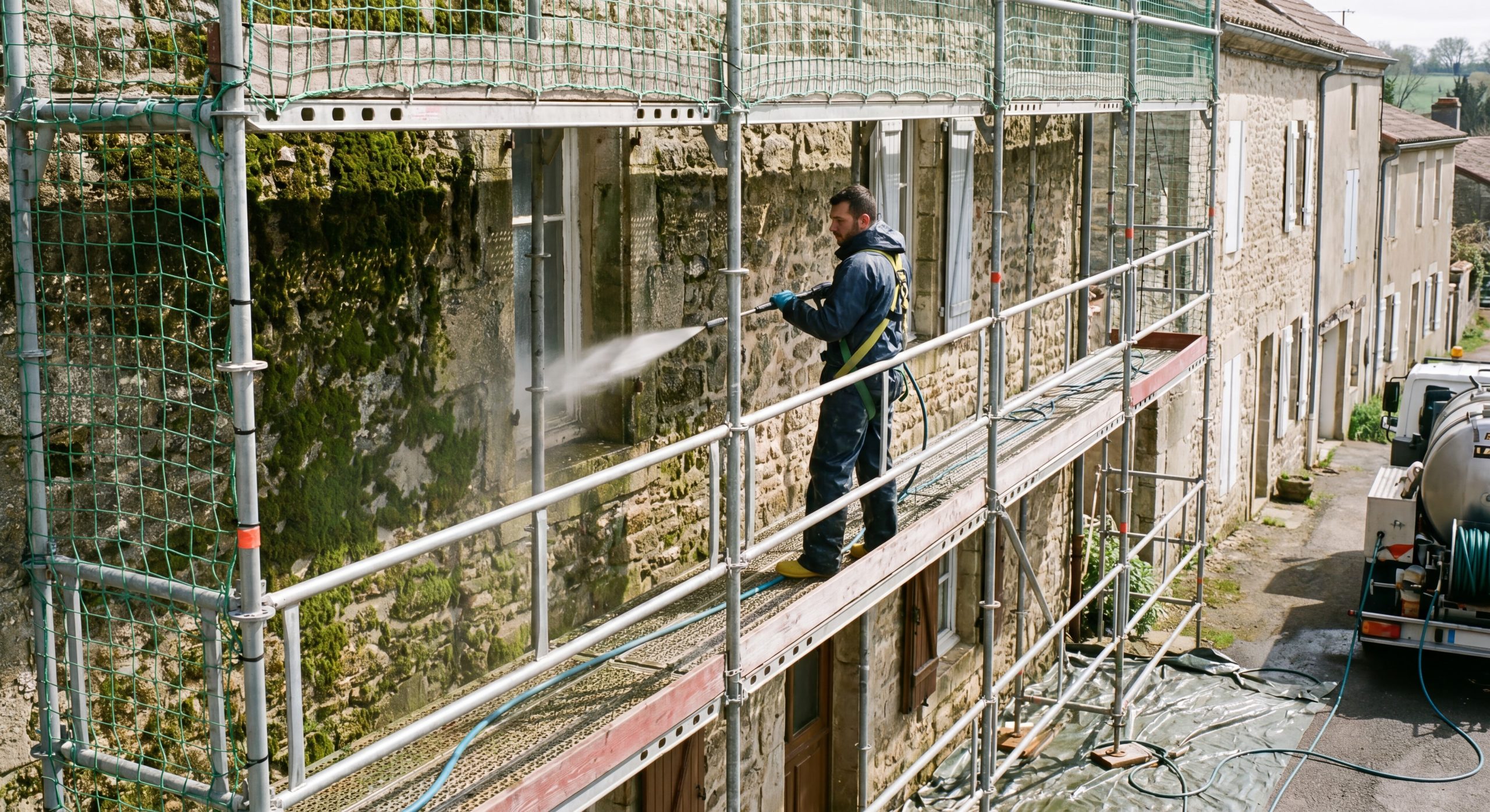 Nettoyage haute pression façade maison française hydrocurage mousses lichens 2026