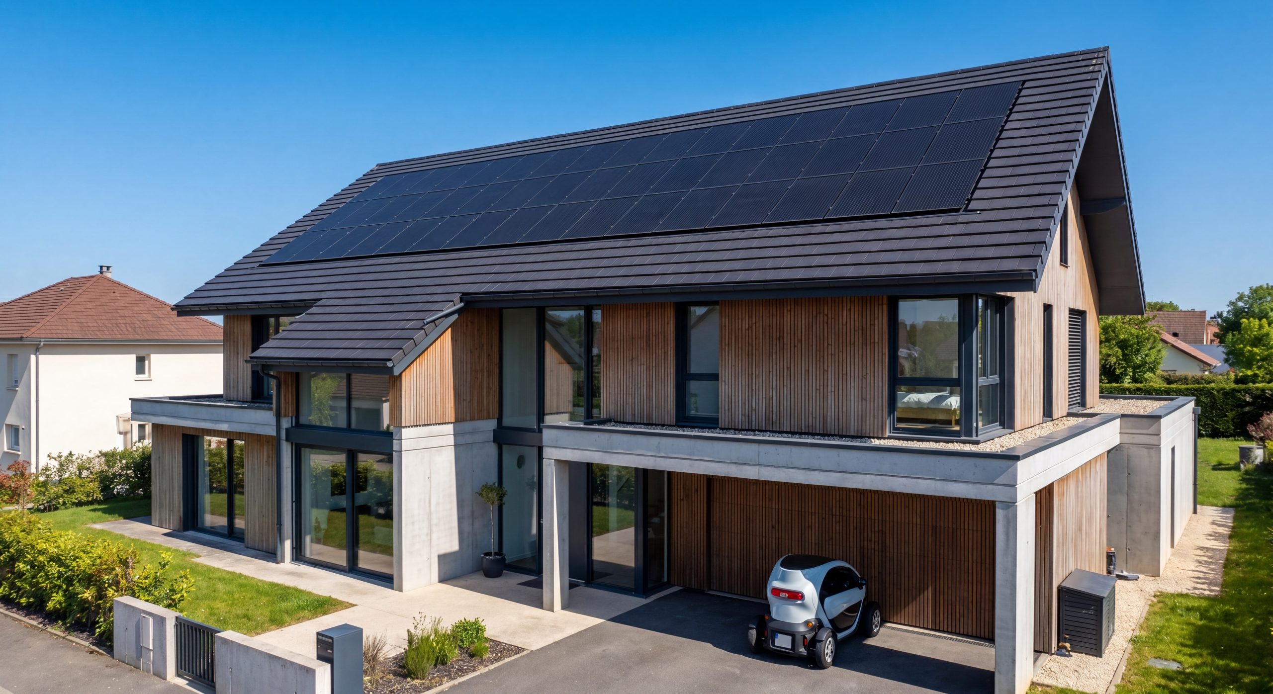 Maison moderne avec panneaux solaires photovoltaïques sur toiture 2026