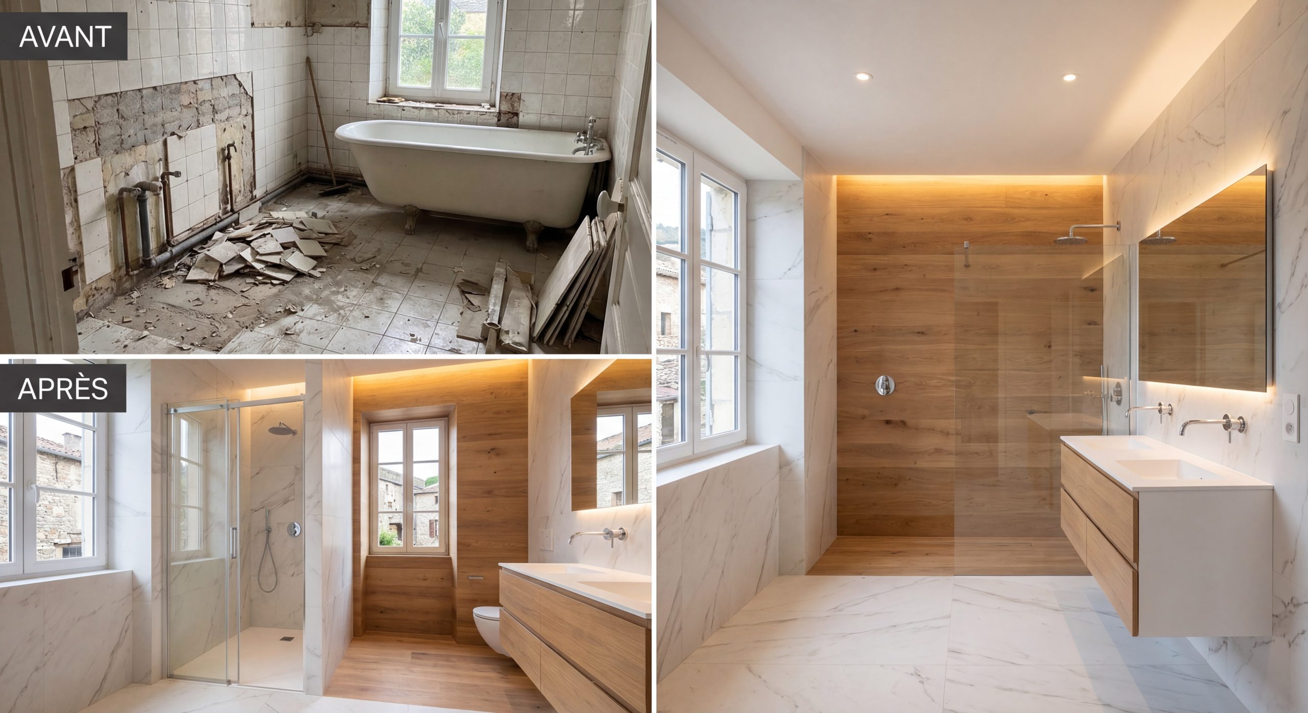 Rénovation complète salle de bain moderne douche italienne carrelage blanc bois 2026