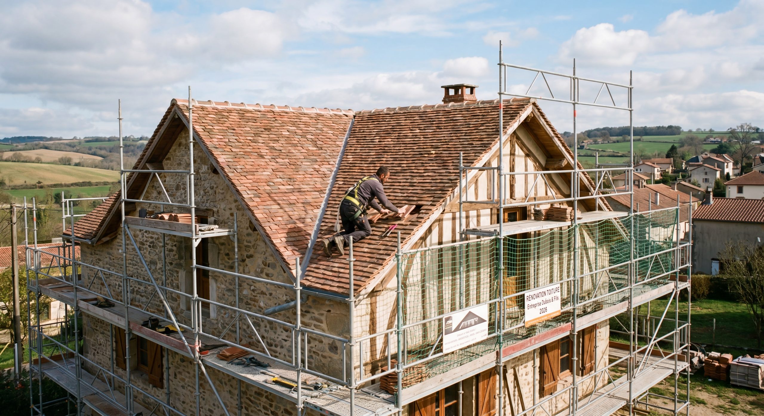 Couvreur professionnel posant tuiles terre cuite toiture maison individuelle échafaudage rénovation TravauxOptim 2026