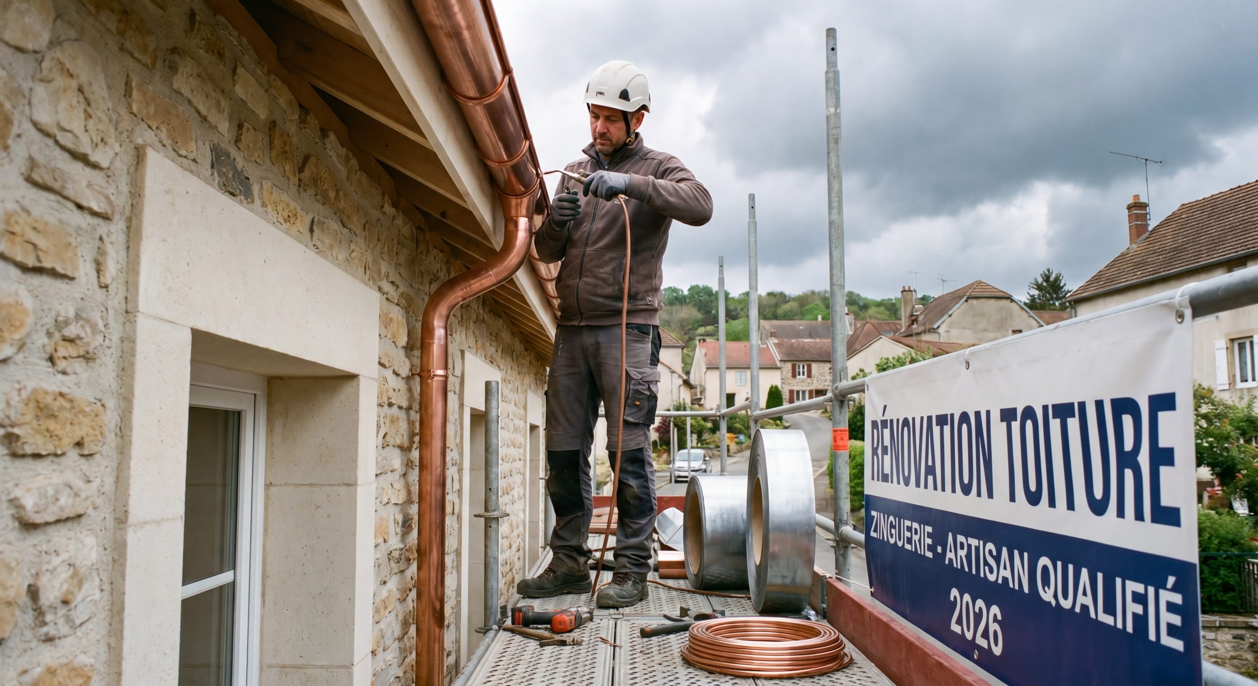 Pose gouttières zinc cuivre maison individuelle artisan couvreur zingueur évacuation eaux pluviales TravauxOptim 2026