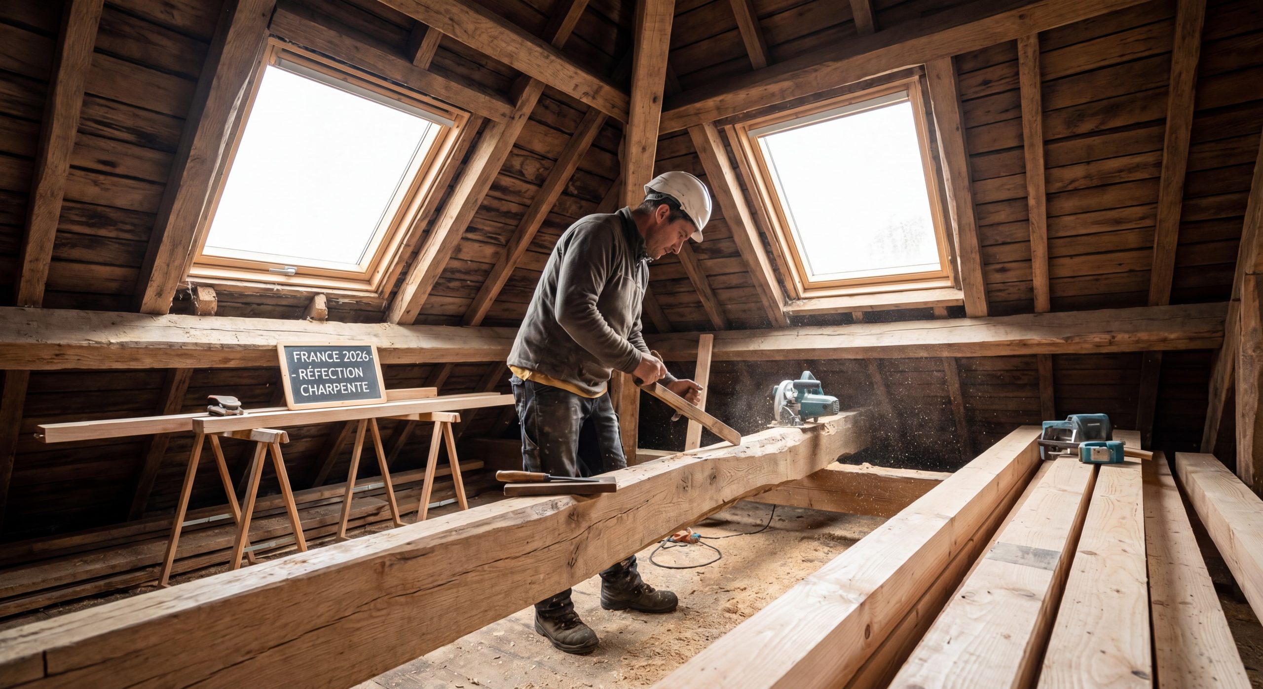 Charpente bois traditionnelle rénovée intérieur combles charpentier professionnel réfection TravauxOptim 2026