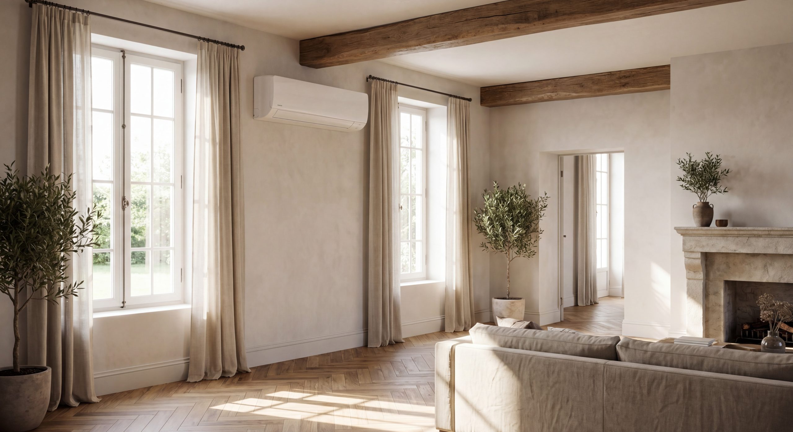 Climatisation réversible dans un salon de maison française lumineuse avec poutres apparentes