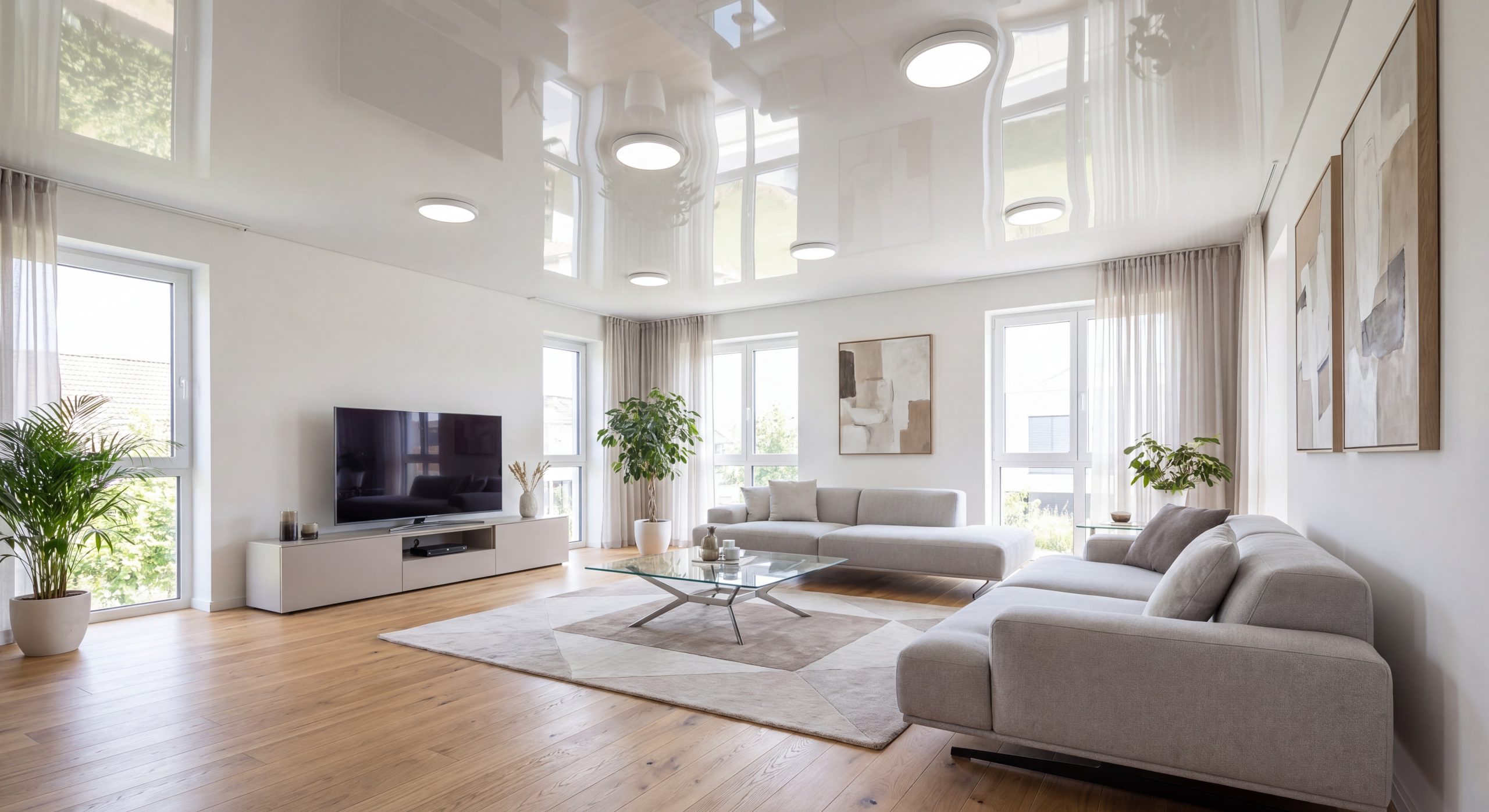 Salon moderne avec plafond tendu laqué blanc et éclairage LED intégré 2026