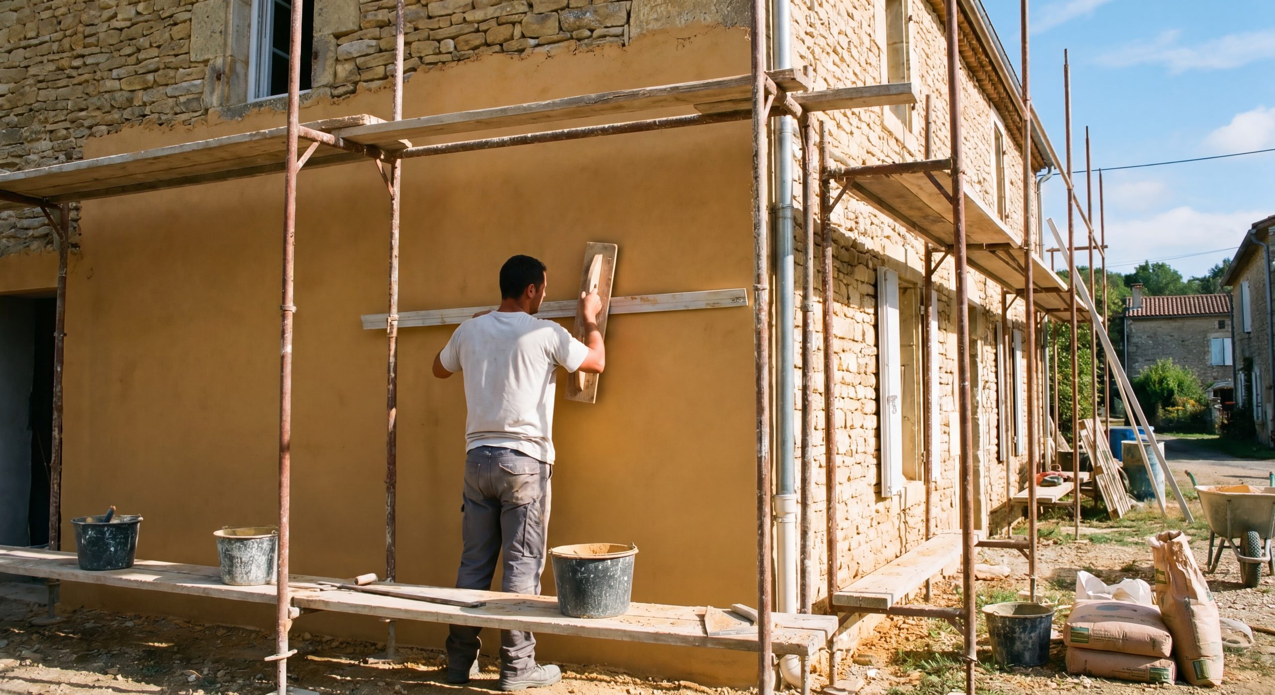 Maçon appliquant enduit monocouche minéral teinté façade maison française 2026