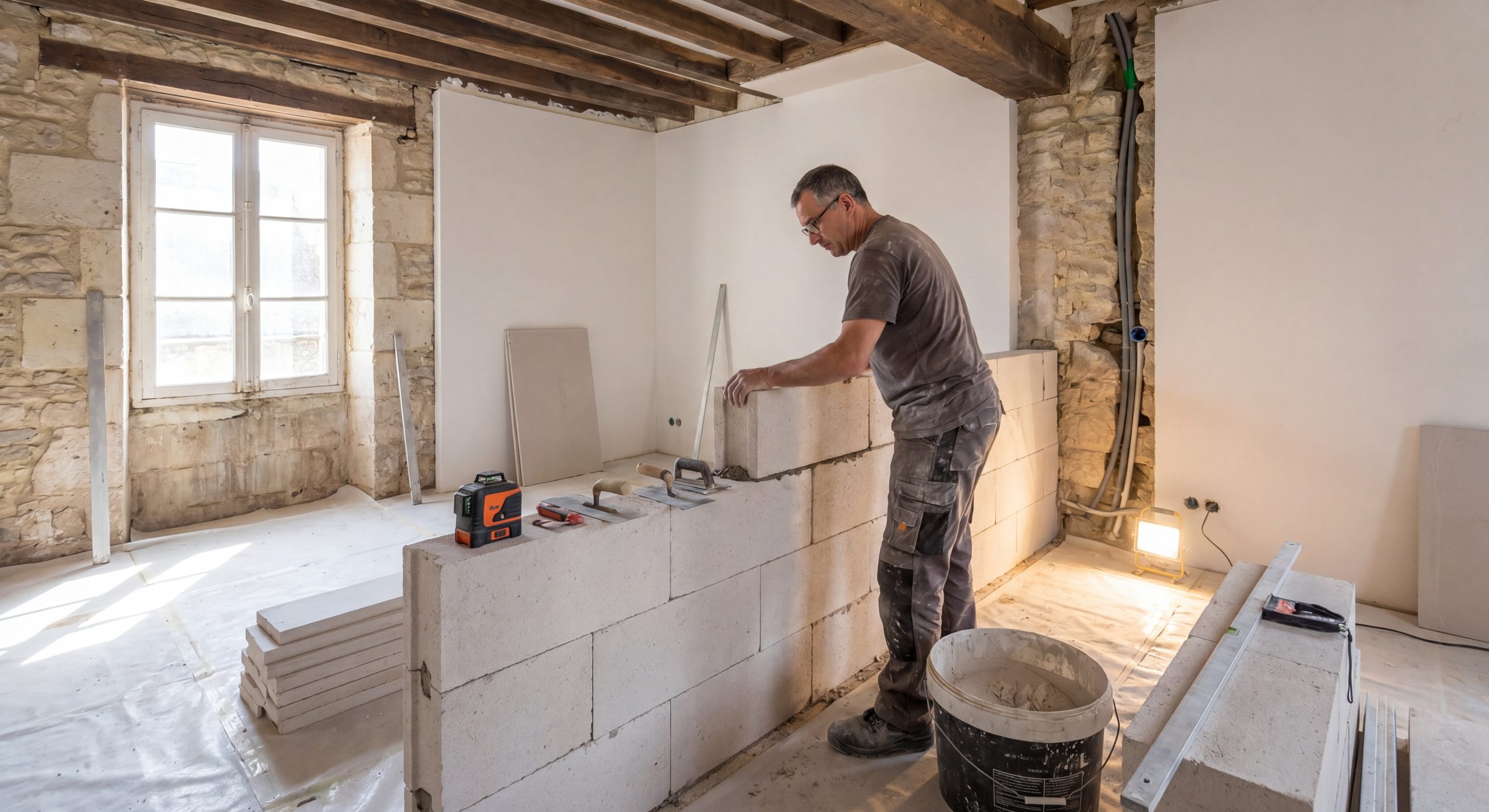 Construction cloisons intérieures 2026 Maçon construction cloison intérieure brique carreaux plâtre maison française 2026