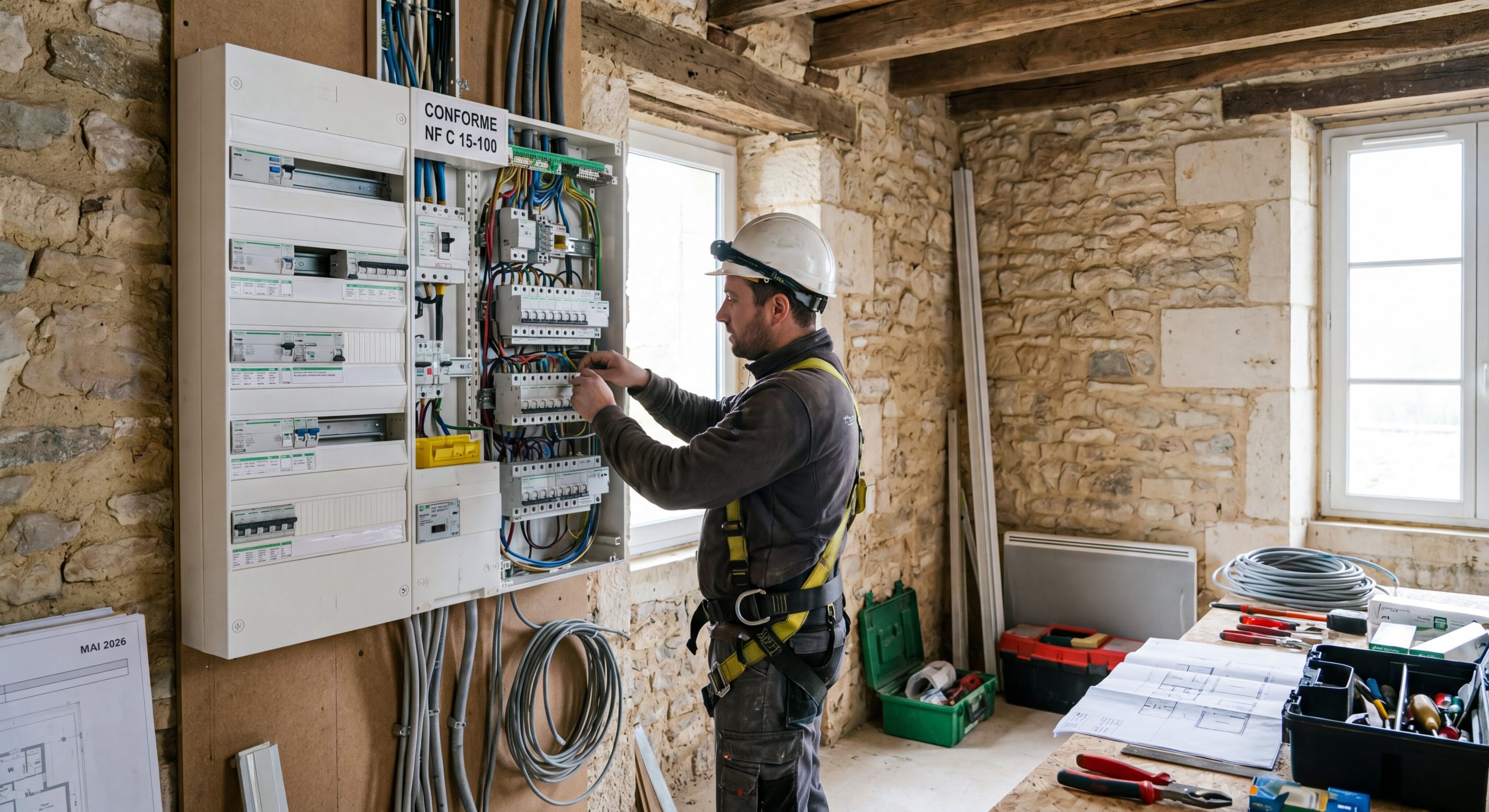 Électricien installant tableau électrique moderne disjoncteurs neufs NF C 15-100 rénovation TravauxOptim 2026