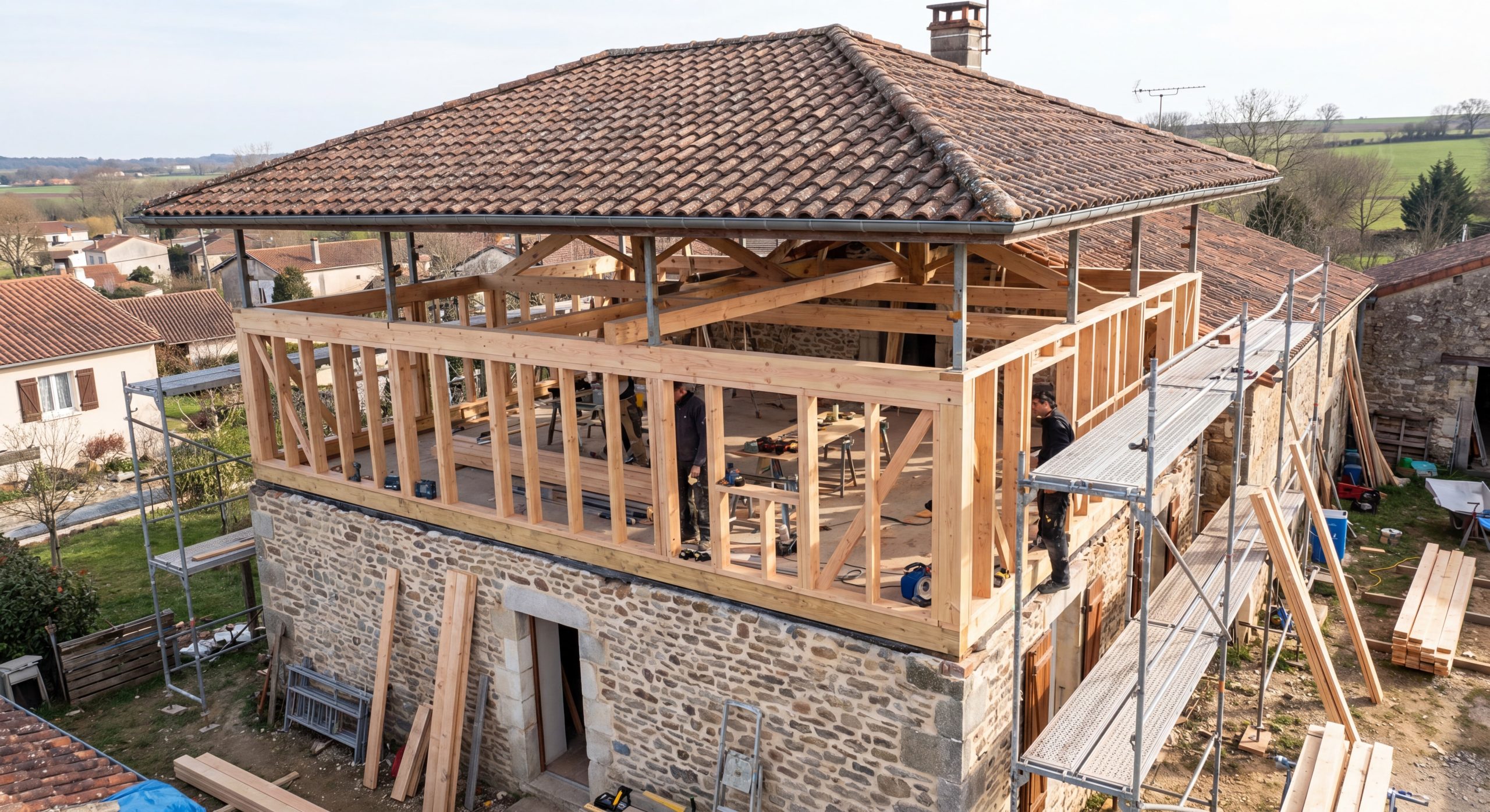 Extension ossature bois 2026 Construction extension ossature bois maison française charpentiers professionnels 2026