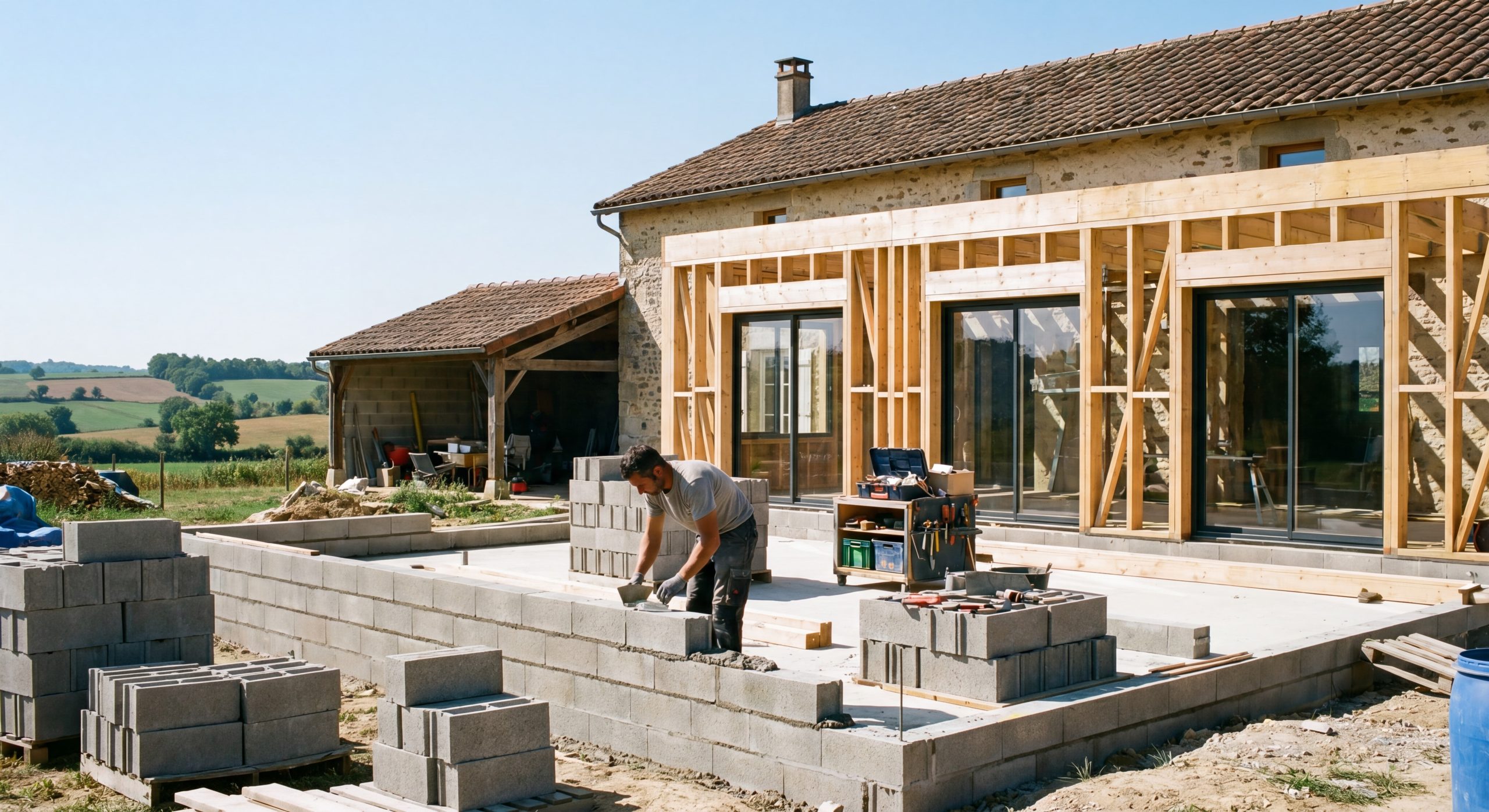 Maçonnerie extension maison 2026 Maçon professionnel construction extension maison parpaing ossature bois 2026