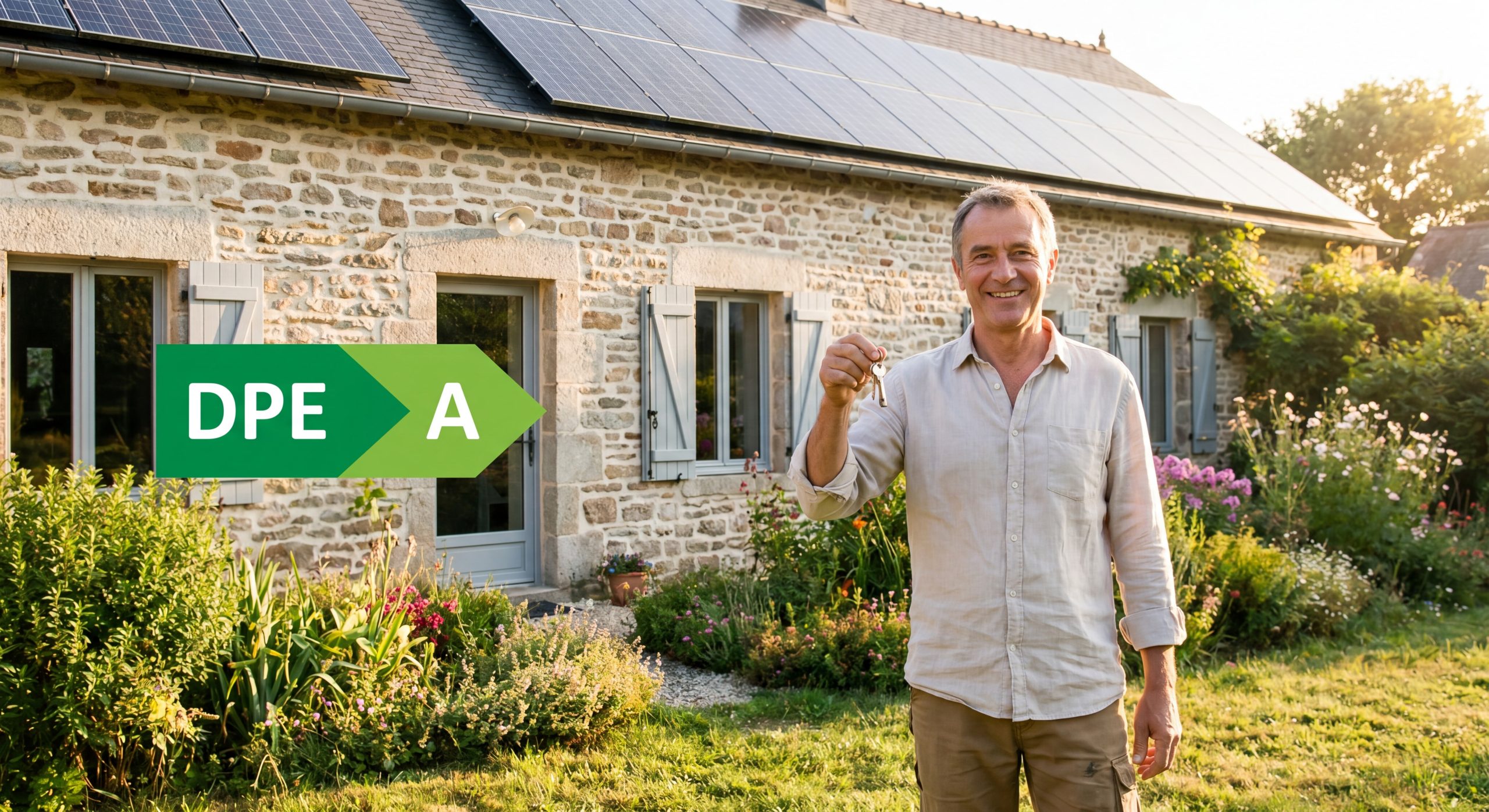 Propriétaire heureux devant maison rénovée DPE A panneaux solaires après travaux Éco-PTZ 2026