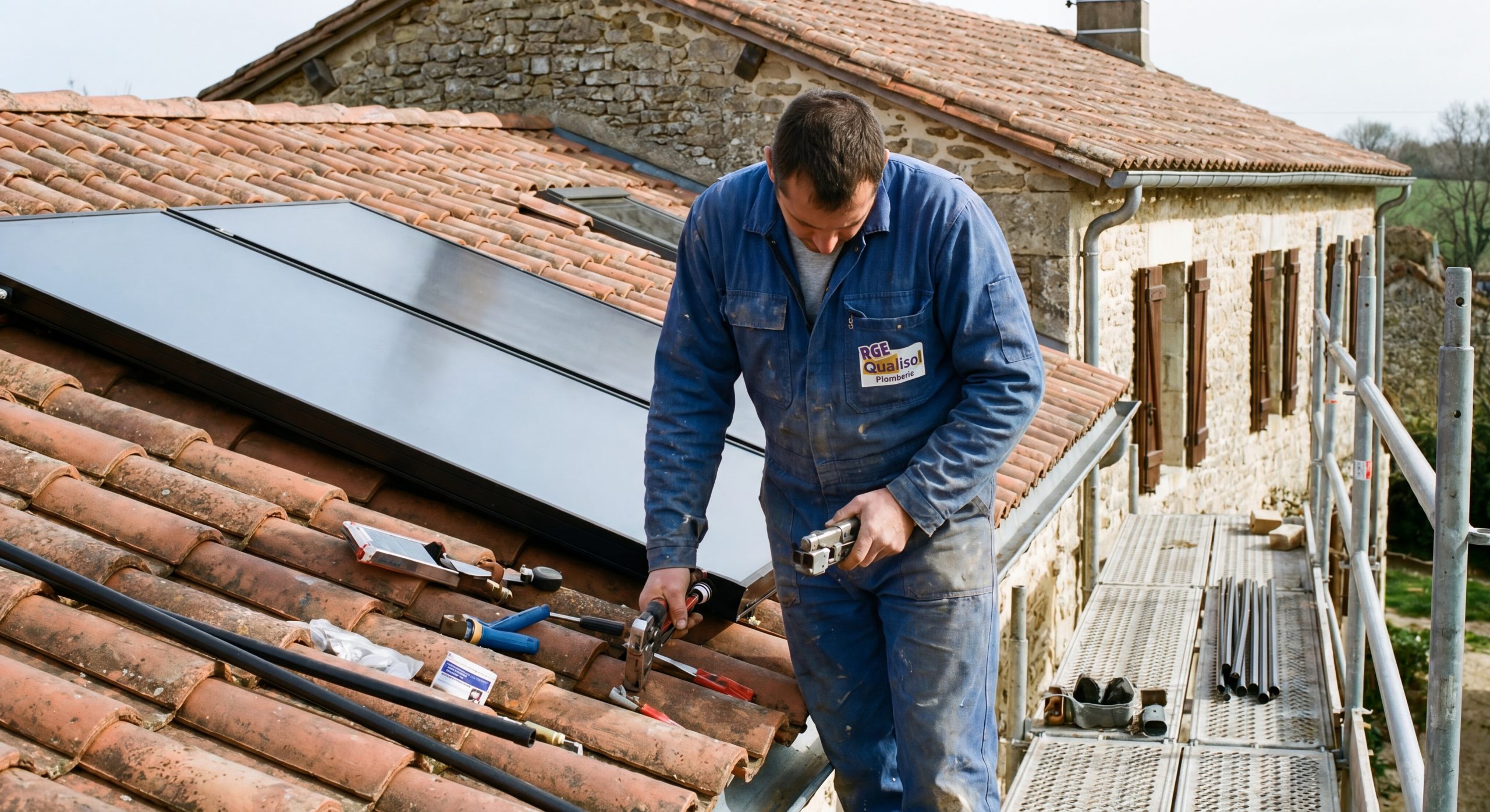 Installation panneaux thermiques solaires sur toiture par artisan RGE