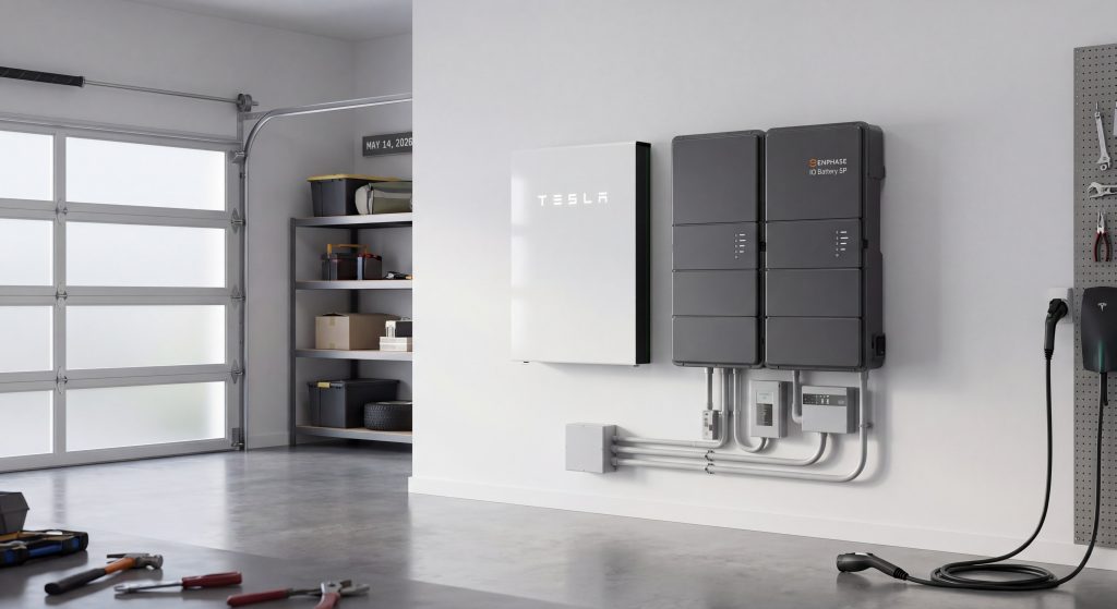Batterie de stockage solaire Tesla Powerwall murale installée dans un garage 2026
