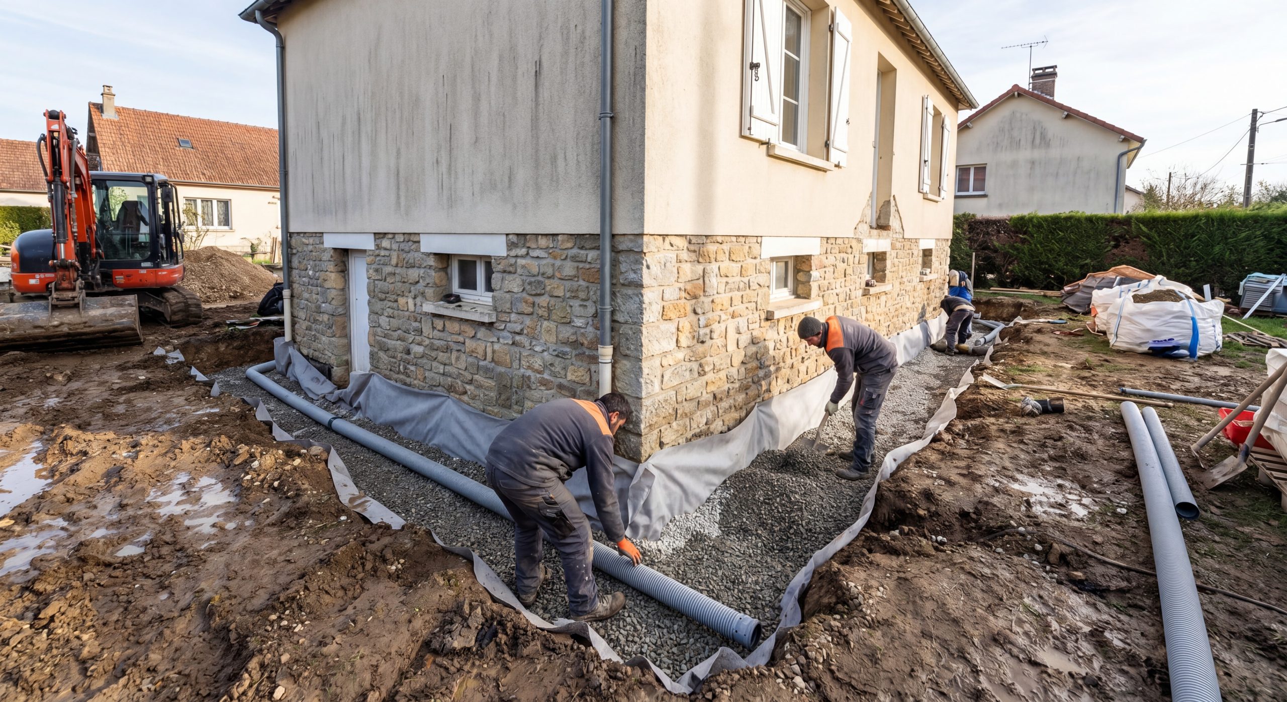 Drainage assainissement 2026 Pose drains périphériques drainage assainissement terrain 2026