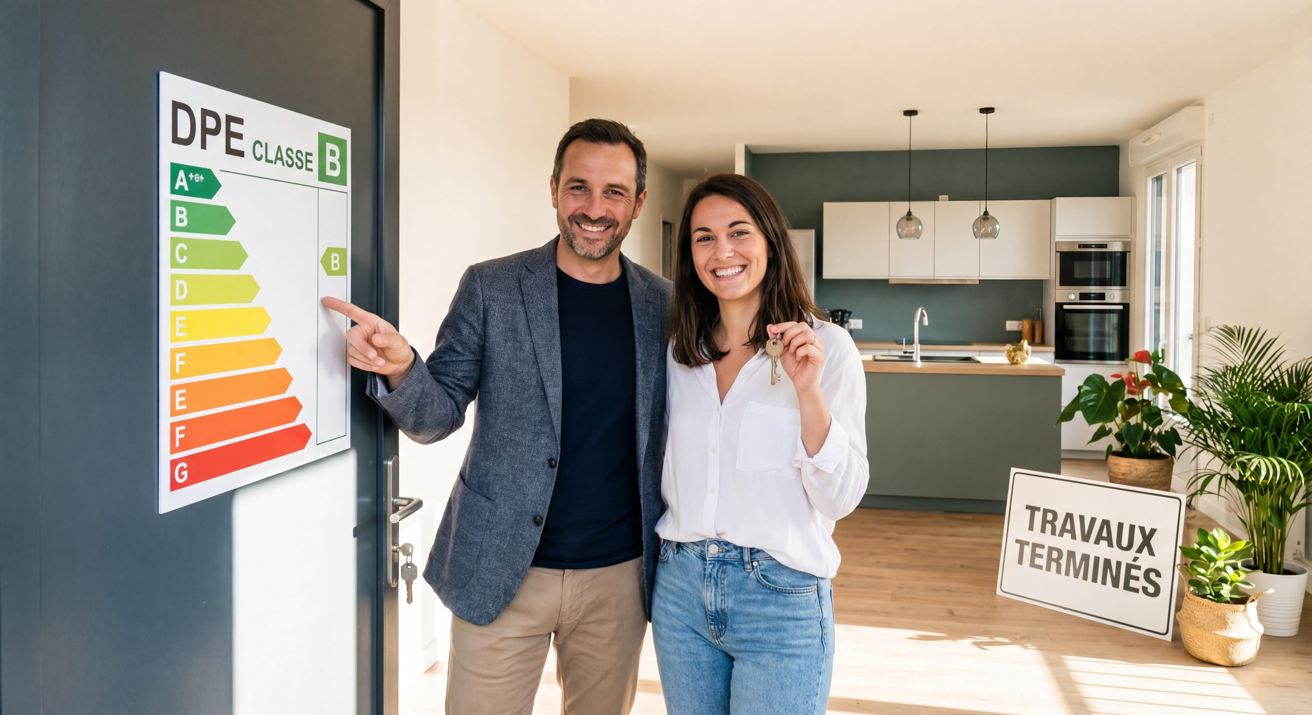 Propriétaire bailleur et locataire heureux devant appartement rénové DPE B après travaux rénovation énergétique