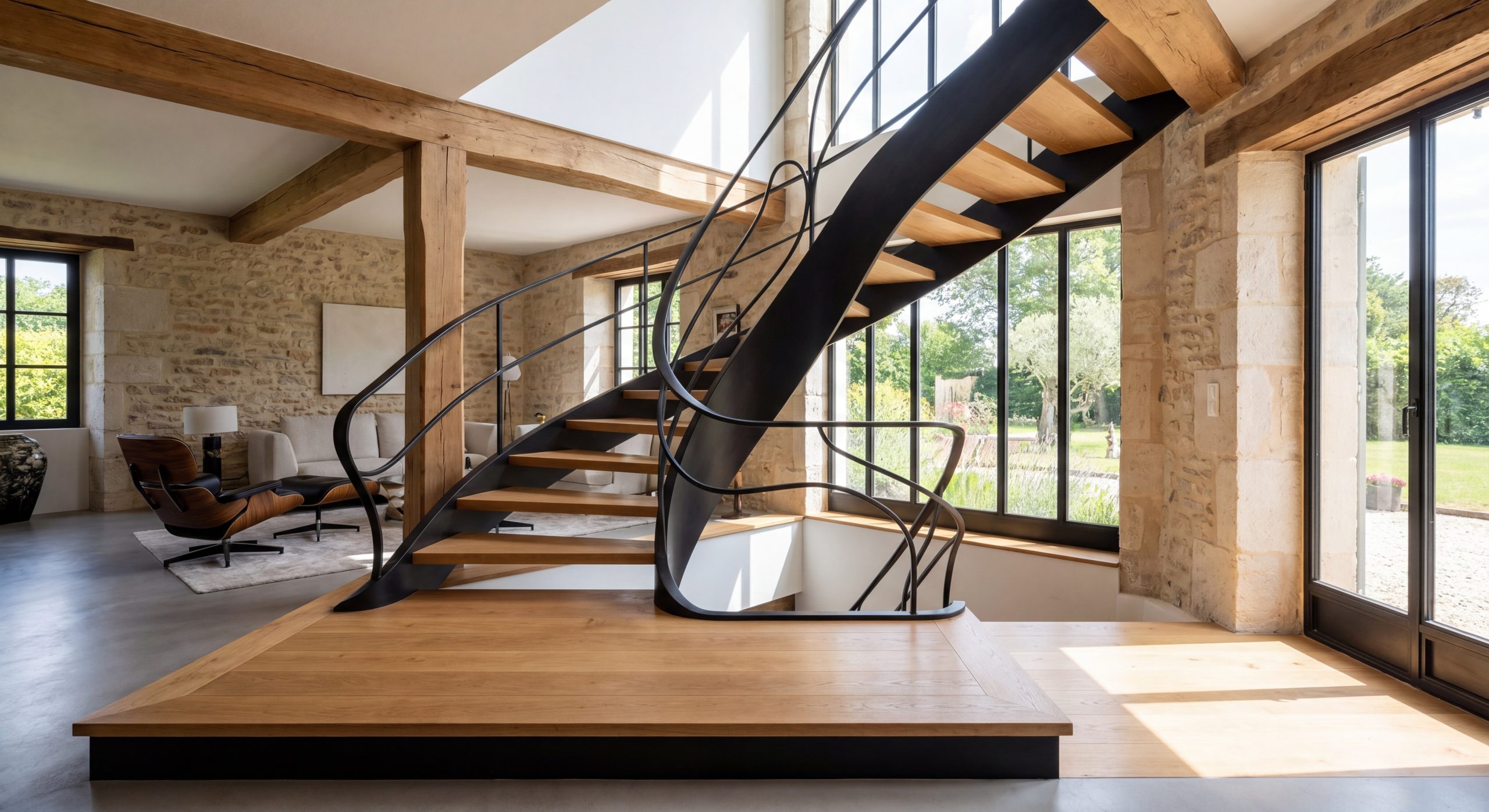Escalier sur mesure bois chêne massif acier noir design moderne maison française 2026