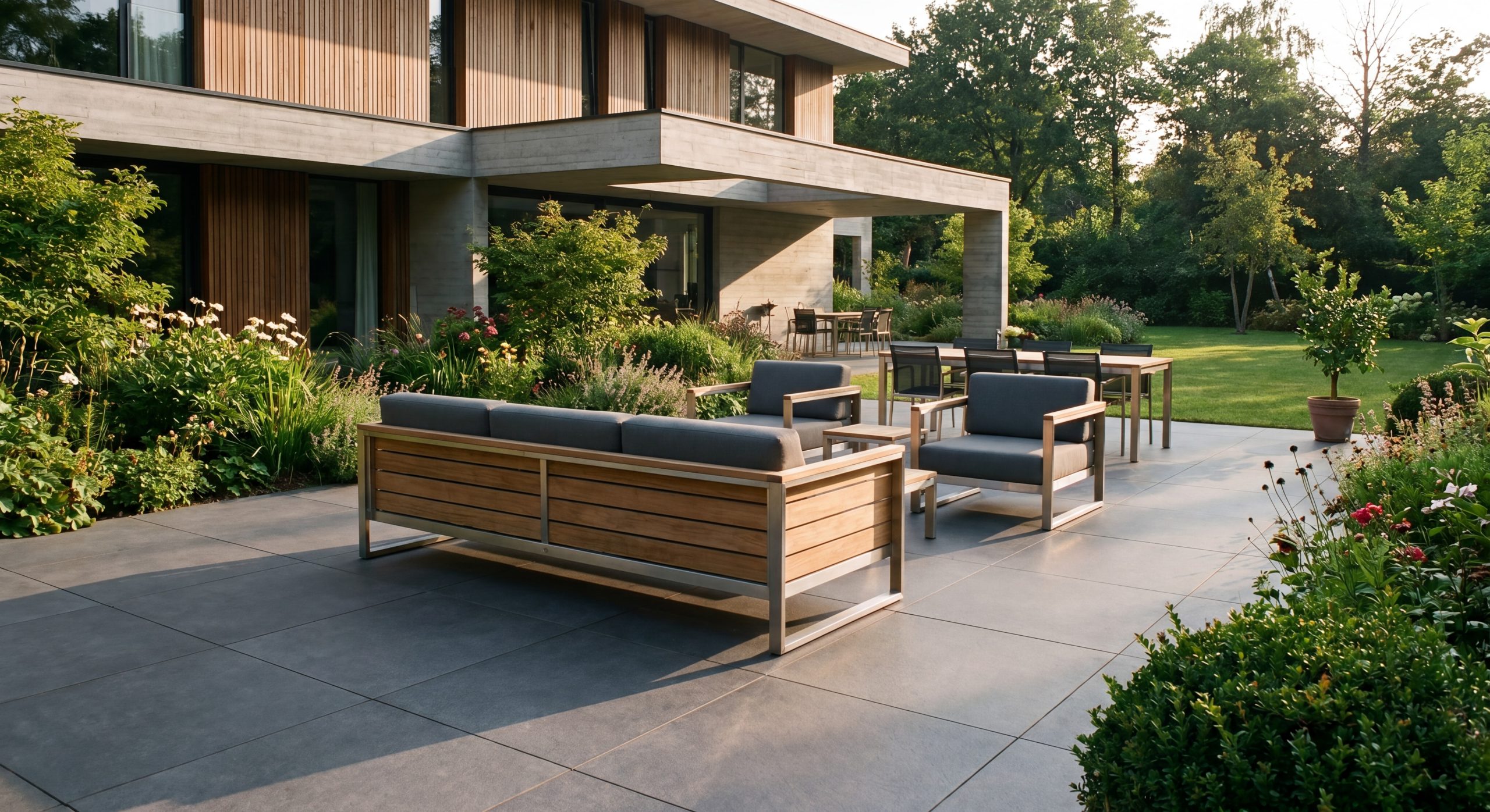 Terrasse carrelage antidérapant grand format gris résistant gel maison française 2026