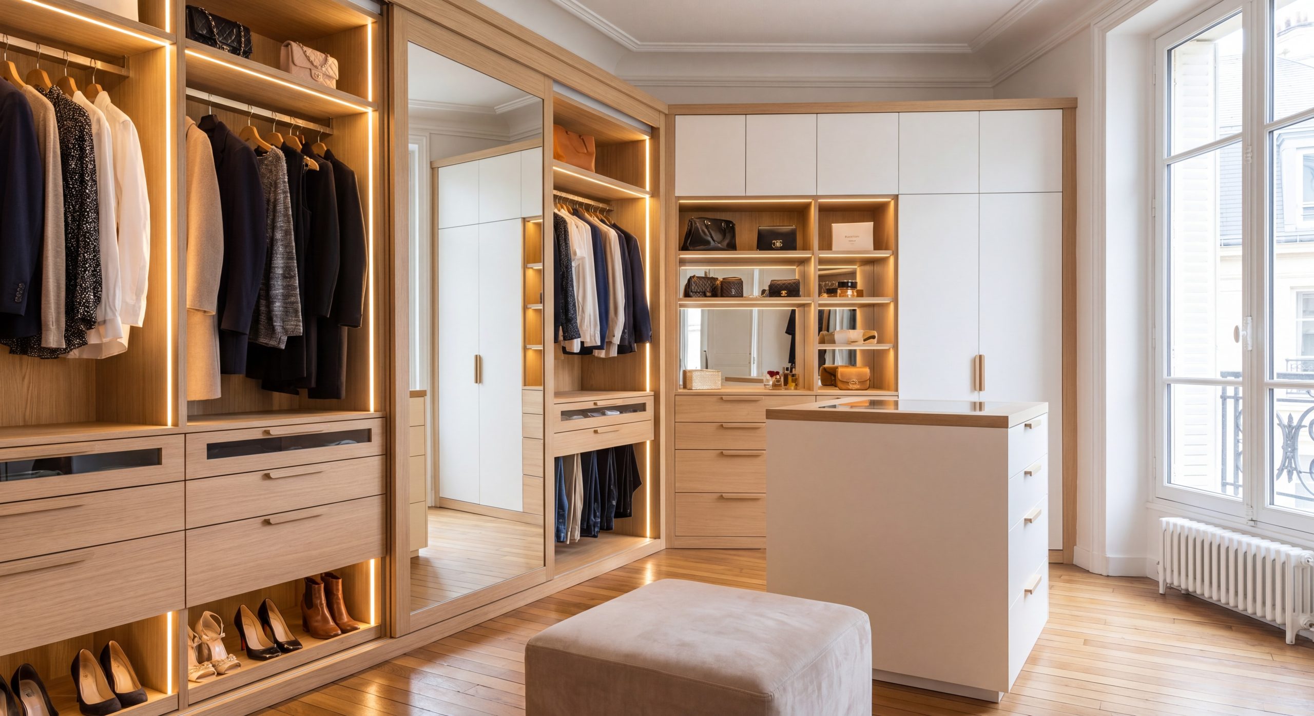 Dressing aménagé sur mesure moderne bois clair et blanc 2026
