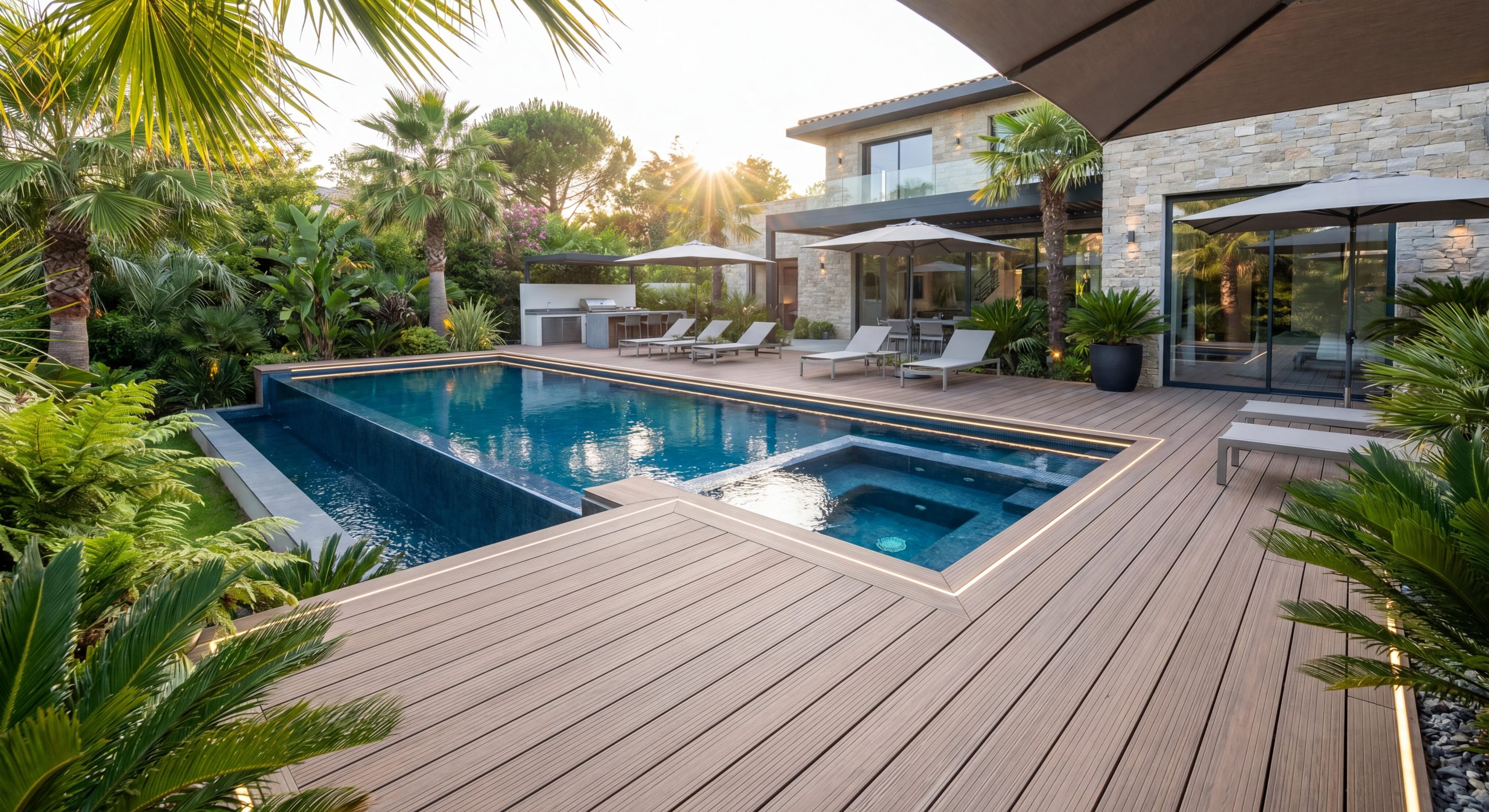 Piscine spa luxueux jardin maison française terrasse bois composite éclairage LED 2026