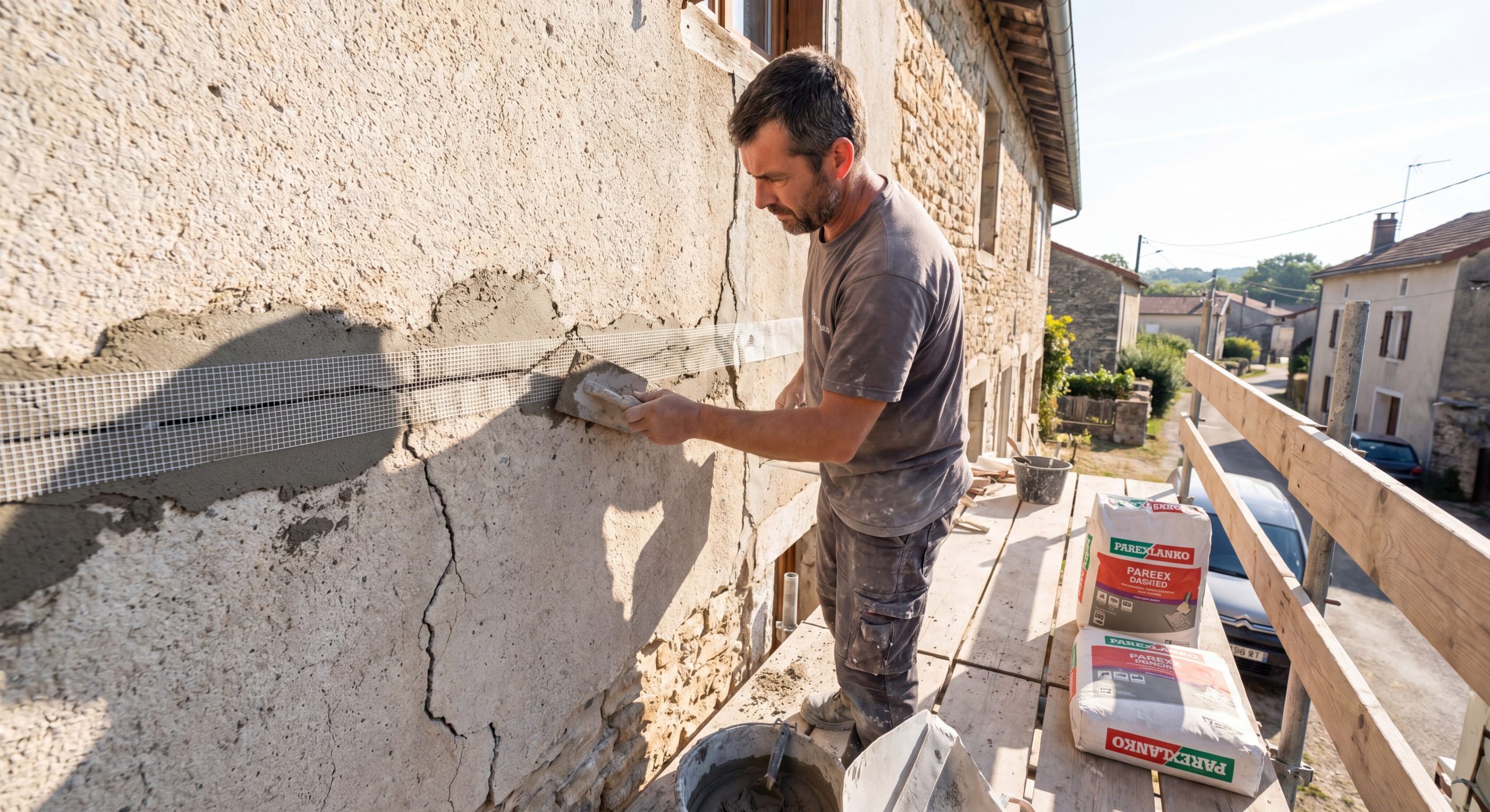 Maçon traitement fissures façade maison française rebouchage mortier 2026