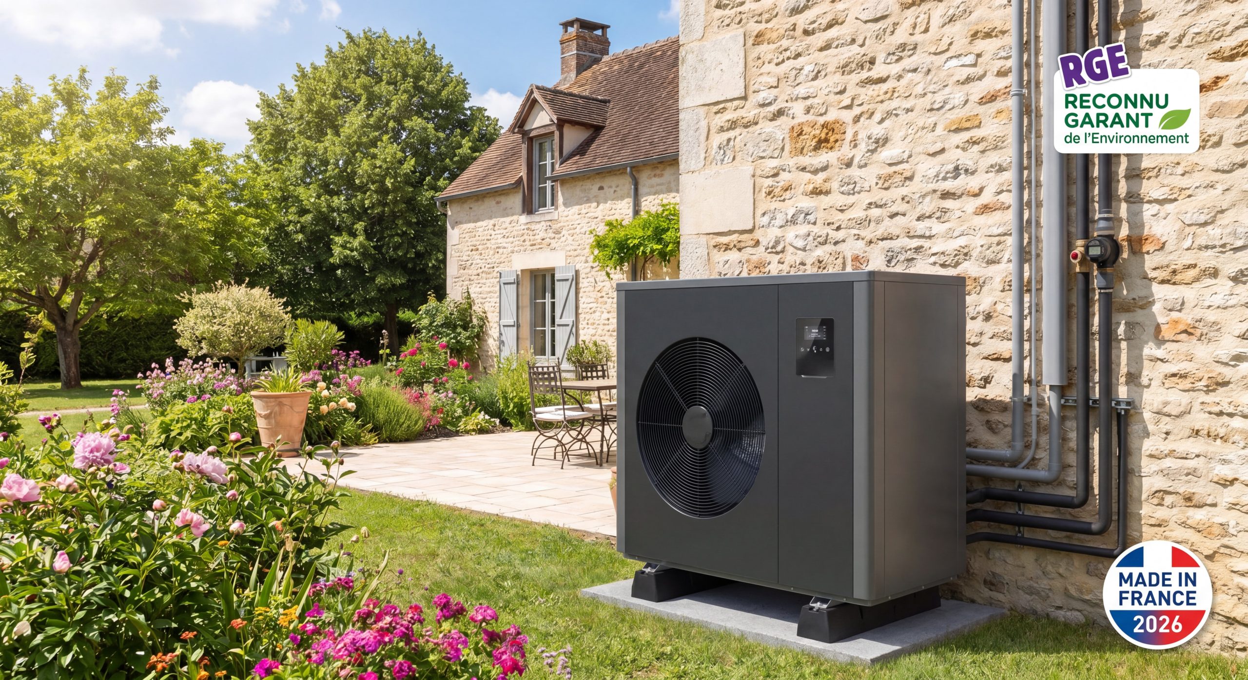 Pompe à chaleur air-eau installée extérieur maison individuelle unité extérieure moderne RGE TravauxOptim 2026