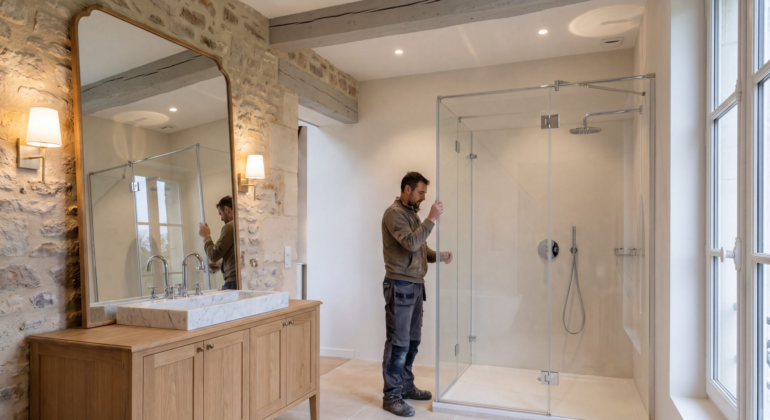 Miroir sur mesure salle de bain paroi douche verre transparent vitrier 2026
