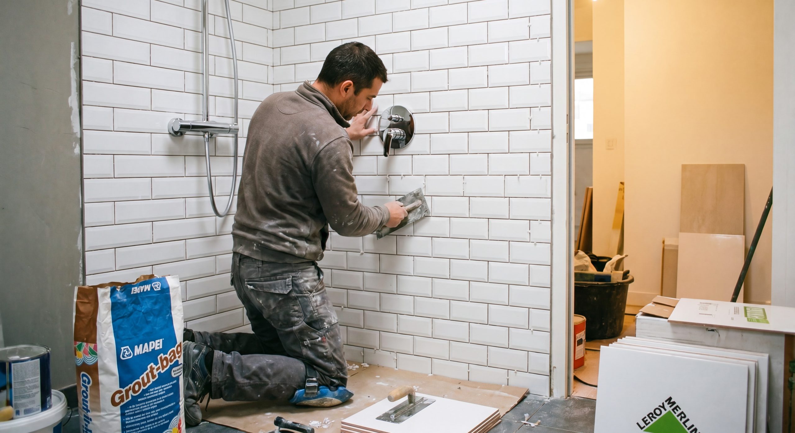 Pose faïence murale salle de bain moderne maison française carreleur 2026