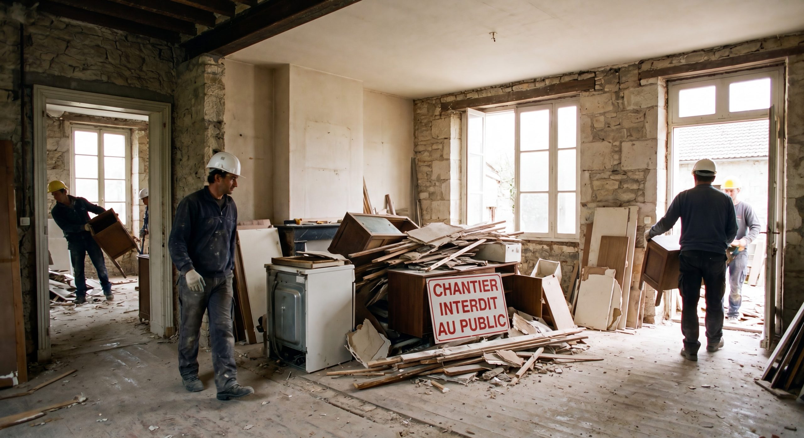 Curage vide-maison 2026 Curage complet intérieur maison ancienne avant rénovation ouvriers nettoyage 2026