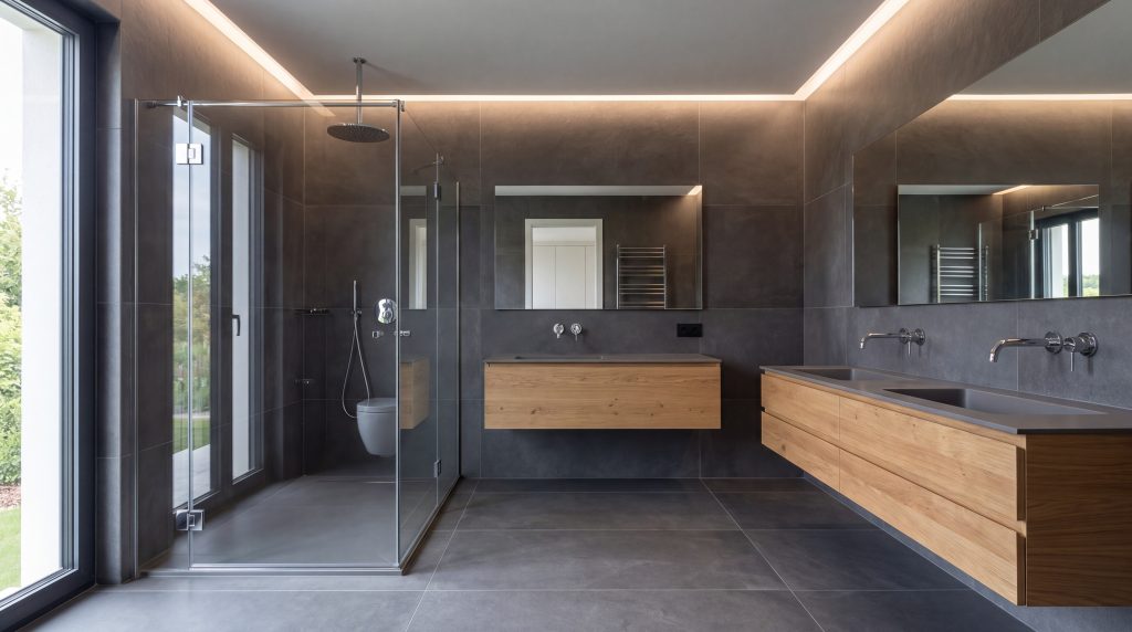 Rénovation salle de bain douche italienne double vasque WC suspendu TravauxOptim