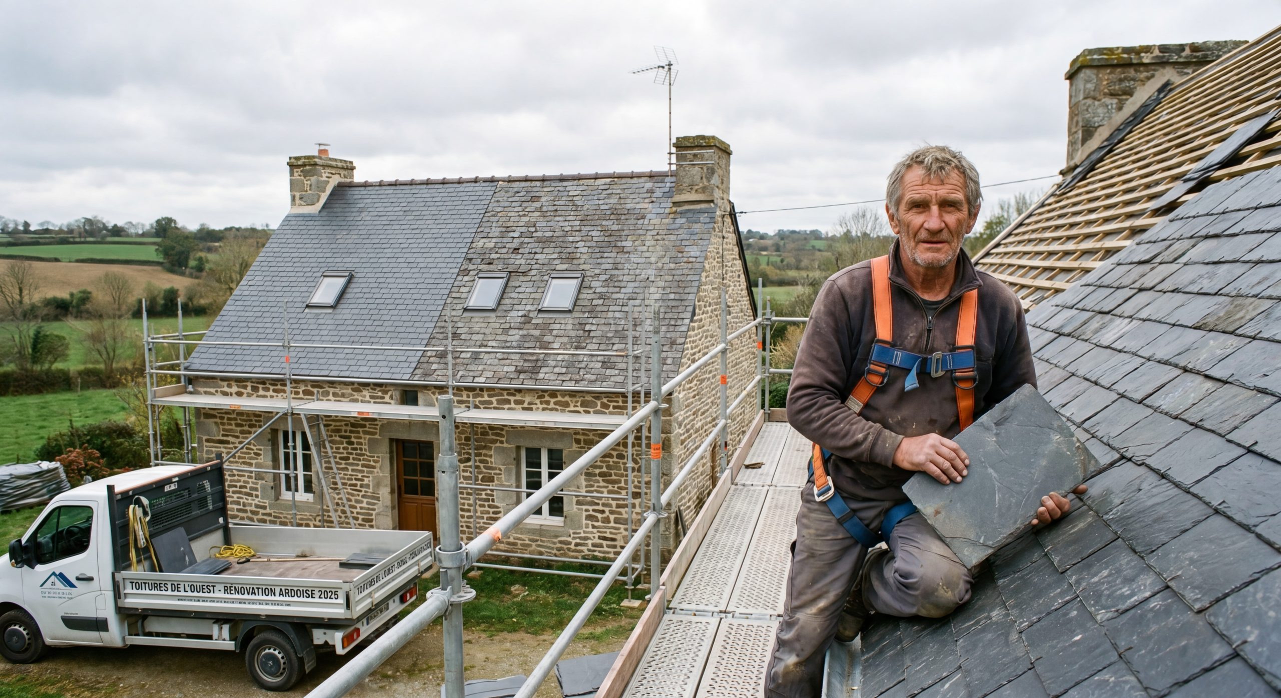 Toiture ardoise naturelle rénovée maison bretonne couvreur artisan posant ardoises TravauxOptim 2026