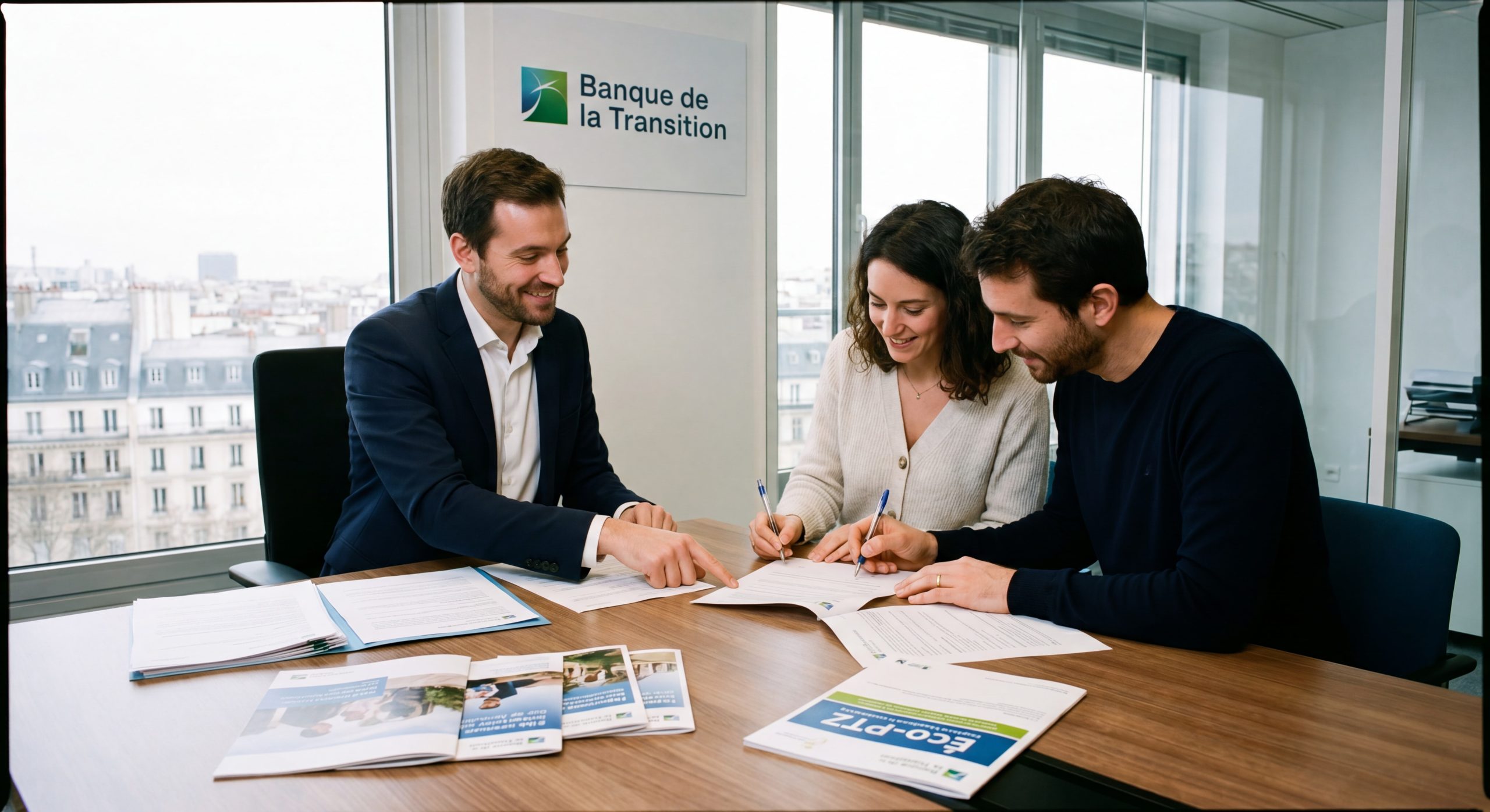 Conseiller bancaire et propriétaire signant un Éco-PTZ prêt à taux zéro rénovation énergétique 2026