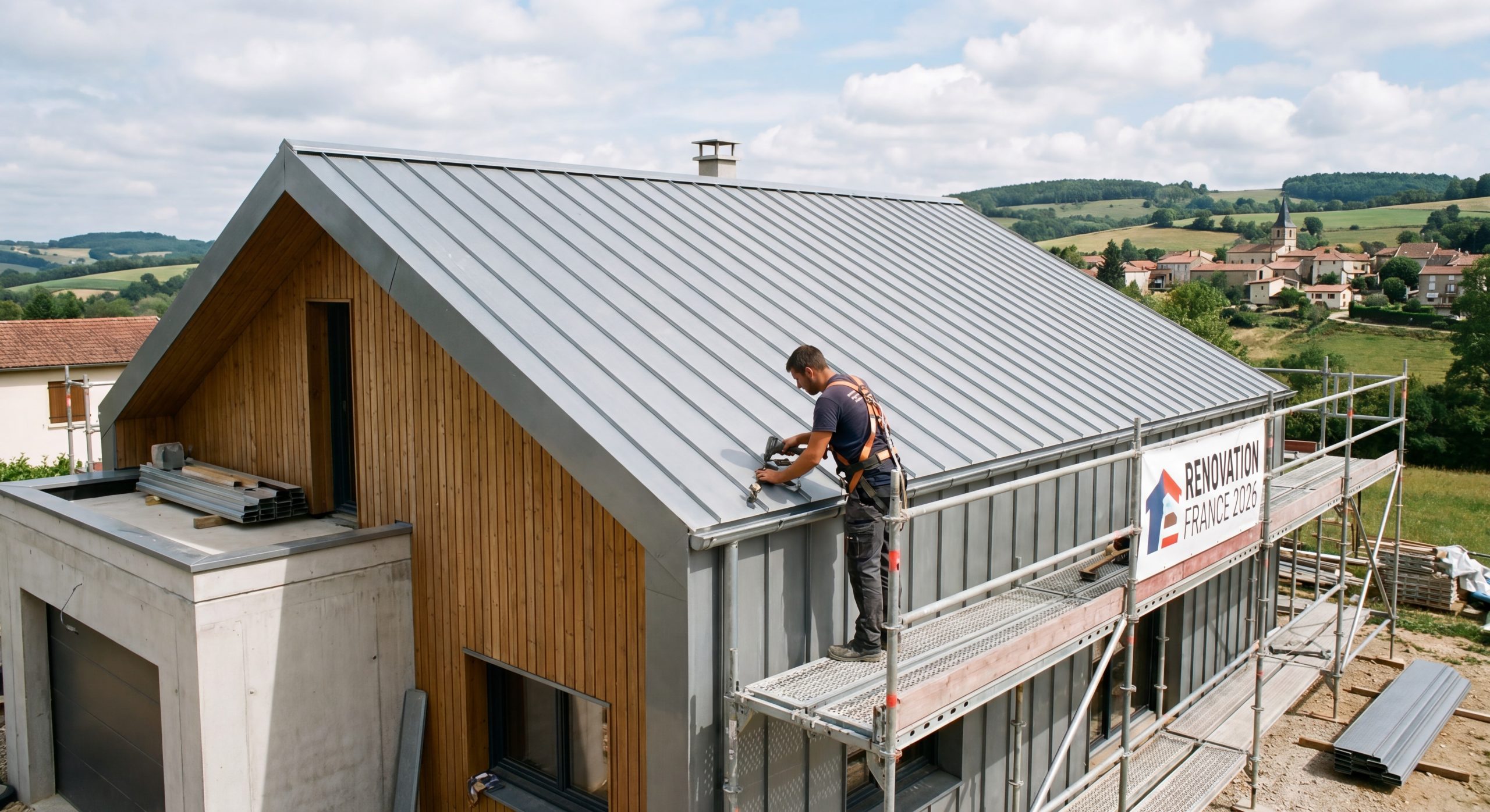 Toiture zinc métallique moderne maison contemporaine couvreur zingueur joints debout TravauxOptim 2026