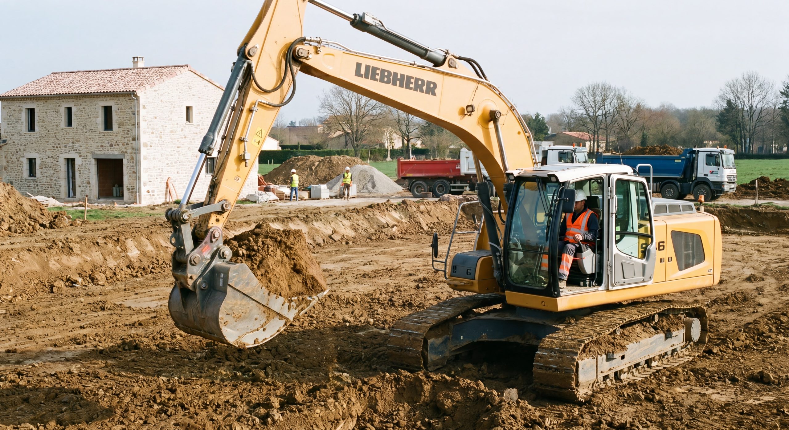 Terrassement décaissement professionnel 2026 Pelleteuse décaissement terrain extraction terre fondations maison française 2026