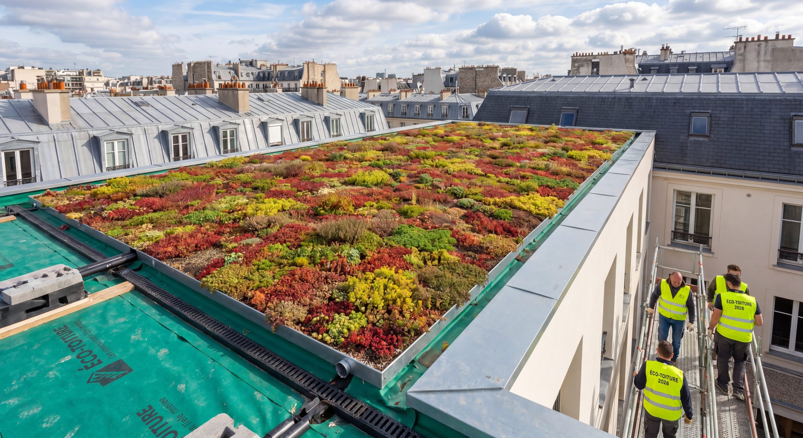 Toiture terrasse végétalisée extensive moderne immeuble plantes sedum étanchéité membrane TravauxOptim 2026