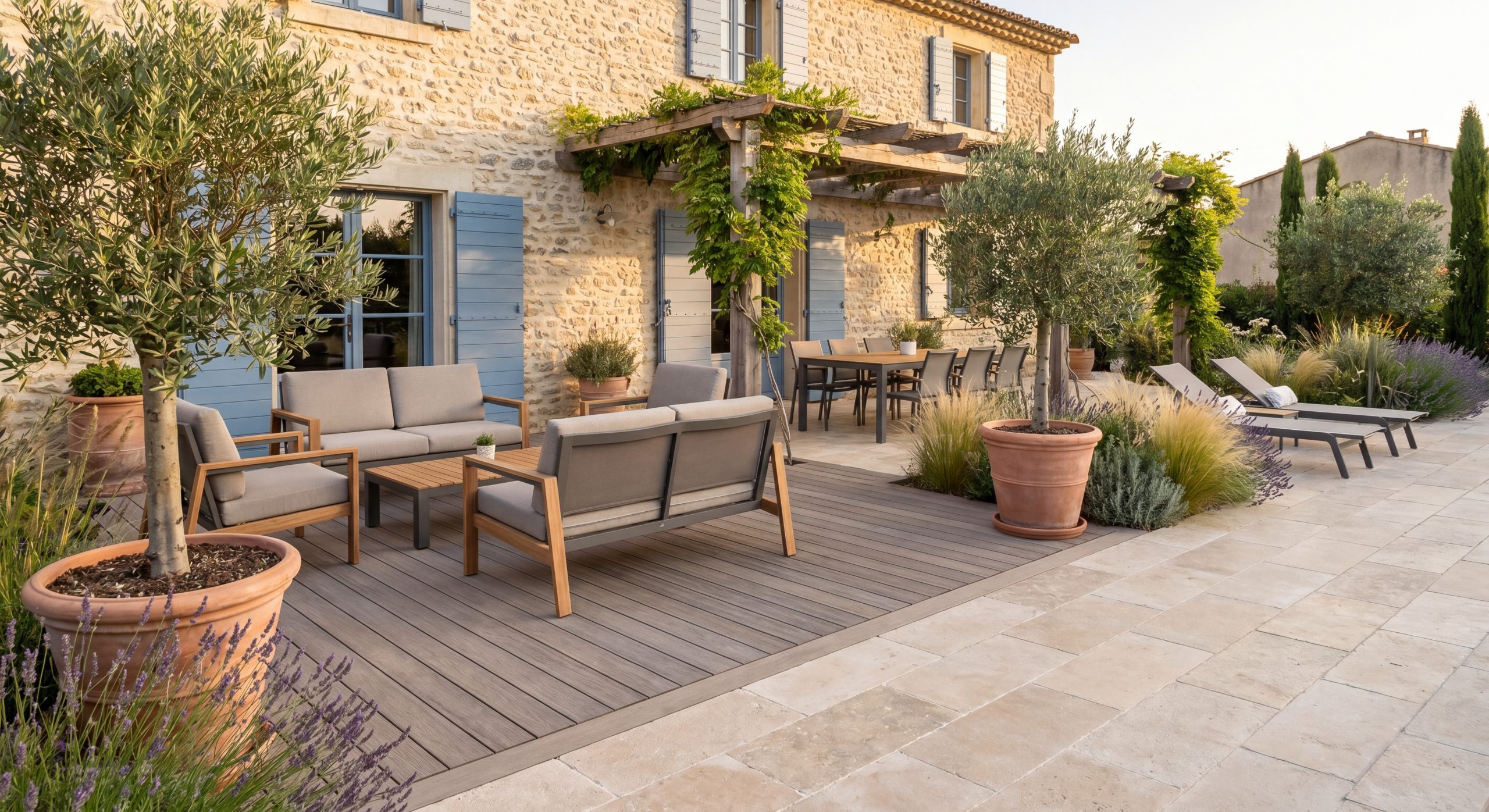 Terrasse moderne bois composite pierre naturelle jardin maison française 2026