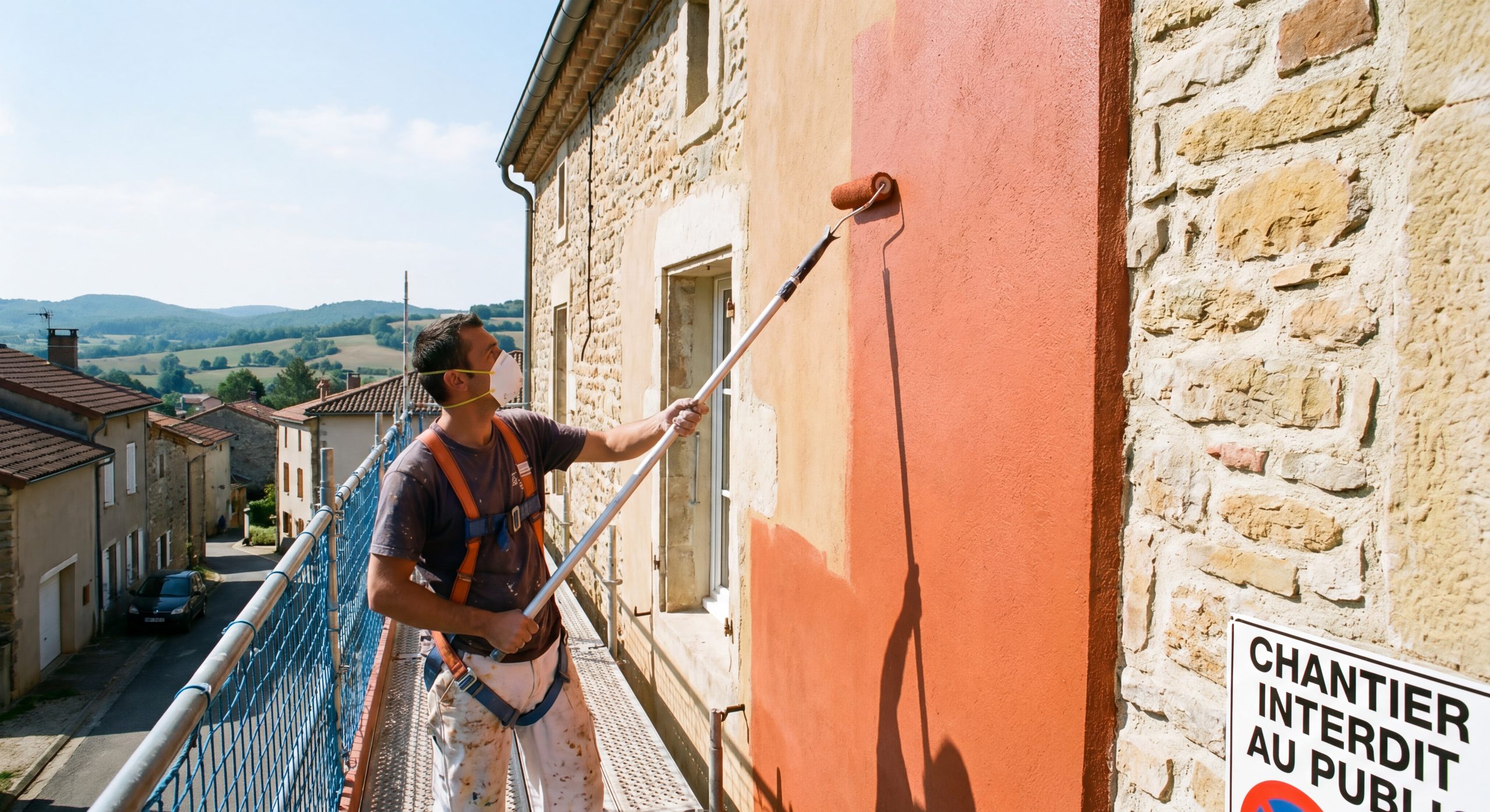 Peintre appliquant peinture microporeuse imperméabilisante façade maison française 2026
