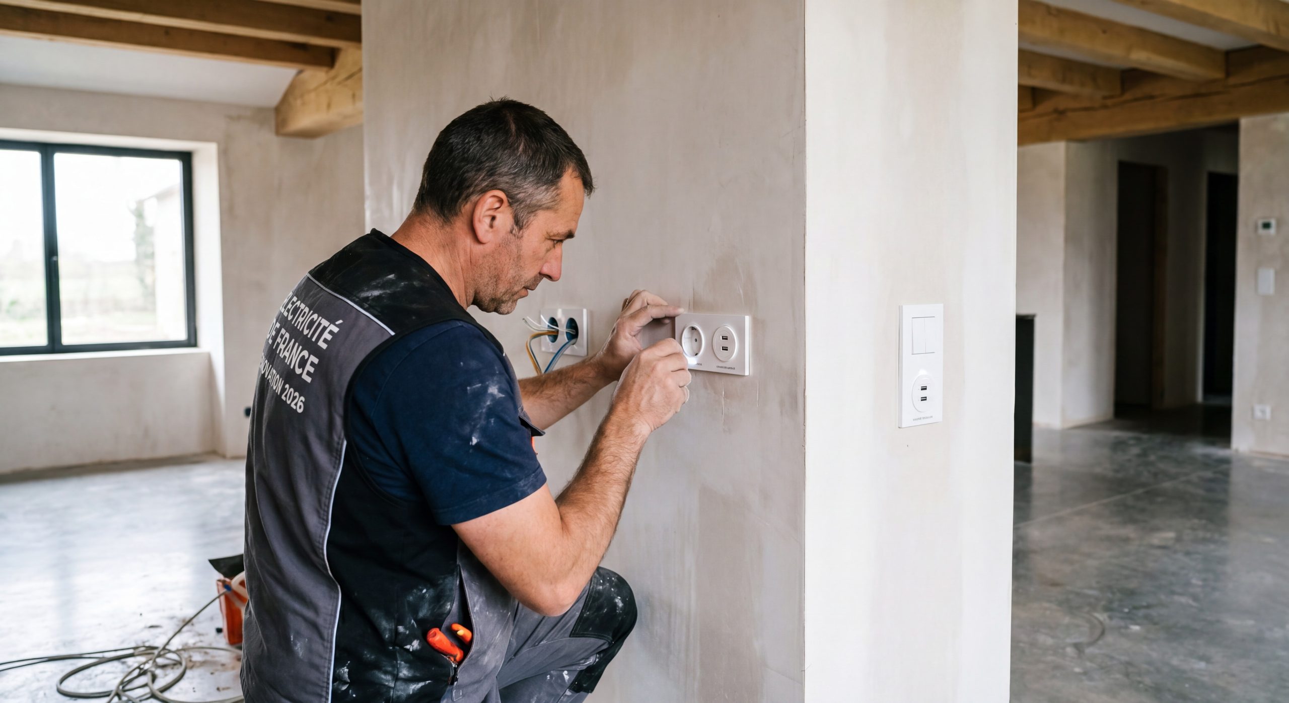 Électricien posant prises électriques interrupteurs modernes encastrés mur rénovation intérieure TravauxOptim 2026
